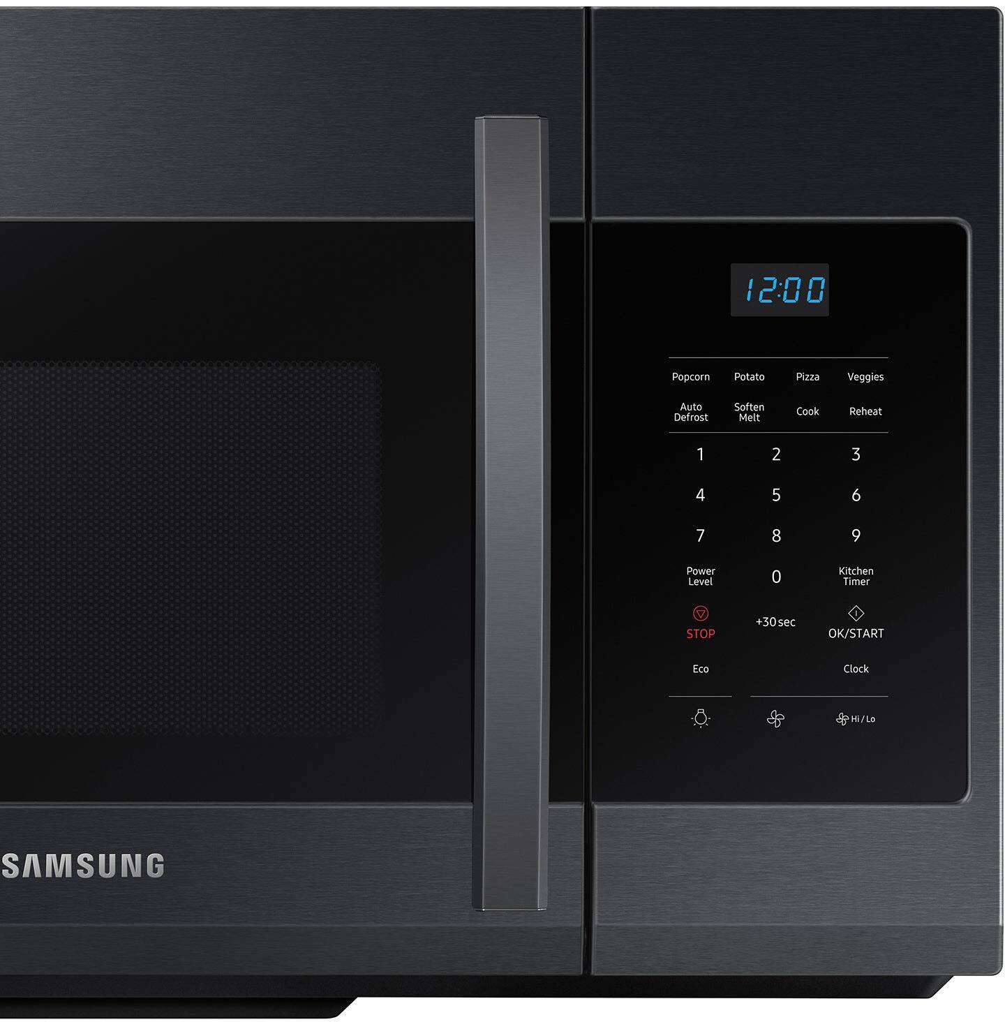 12:00  
Popcorn Potato Pizza Veggies  
Auto Defrost Soften Melt Cook Reheat  
1 2 3 4 5 6 7 8 9  
Power Level 0  
Kitchen Timer  
STOP +30sec OK/START  
Eco Clock  
HI/Lo  
SAMSUNG