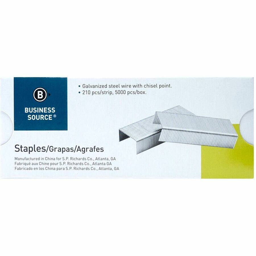 Galvanized steel wire with chisel point. 210 pcs/strip, 5000 pcs/box.

BUSINESS SOURCE

Staples/Grapas/Agrafes

Manufactured in China for S.P. Richards Co., Atlanta, GA
Fabriqué aux Chine pour S.P. Richards Co., Atlanta GA
Fabricado en los China para S.P. Richards Co., Atlanta, GA