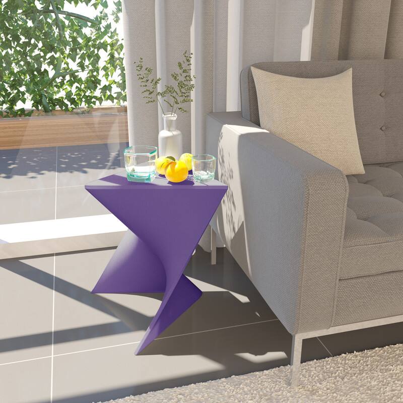 Angle. LeisureMod - Randolph 15.75" Stackable Side Table, Weather-Resistant Triangular Plastic Accent End Table for Living Room or Backyard - Purple.