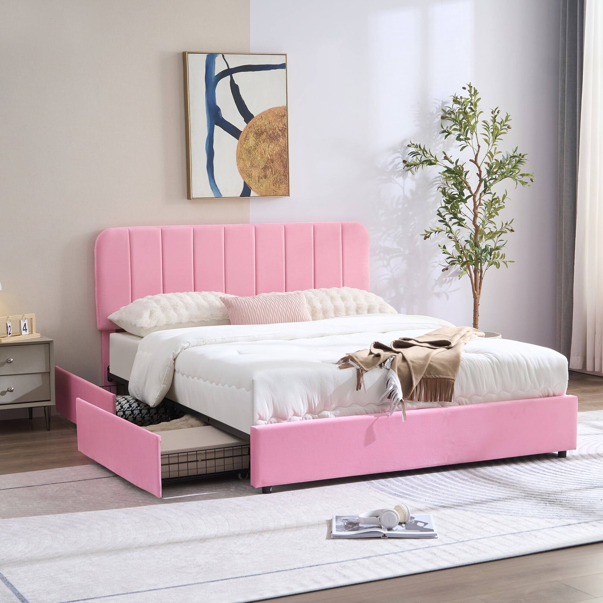 Angle. Vecelo - Full Size Storage Bed Frame with 4 Drawers - Velvet Upholstered, Adjustable Headboard, 800lb Capacity, Noise Free - Pink.