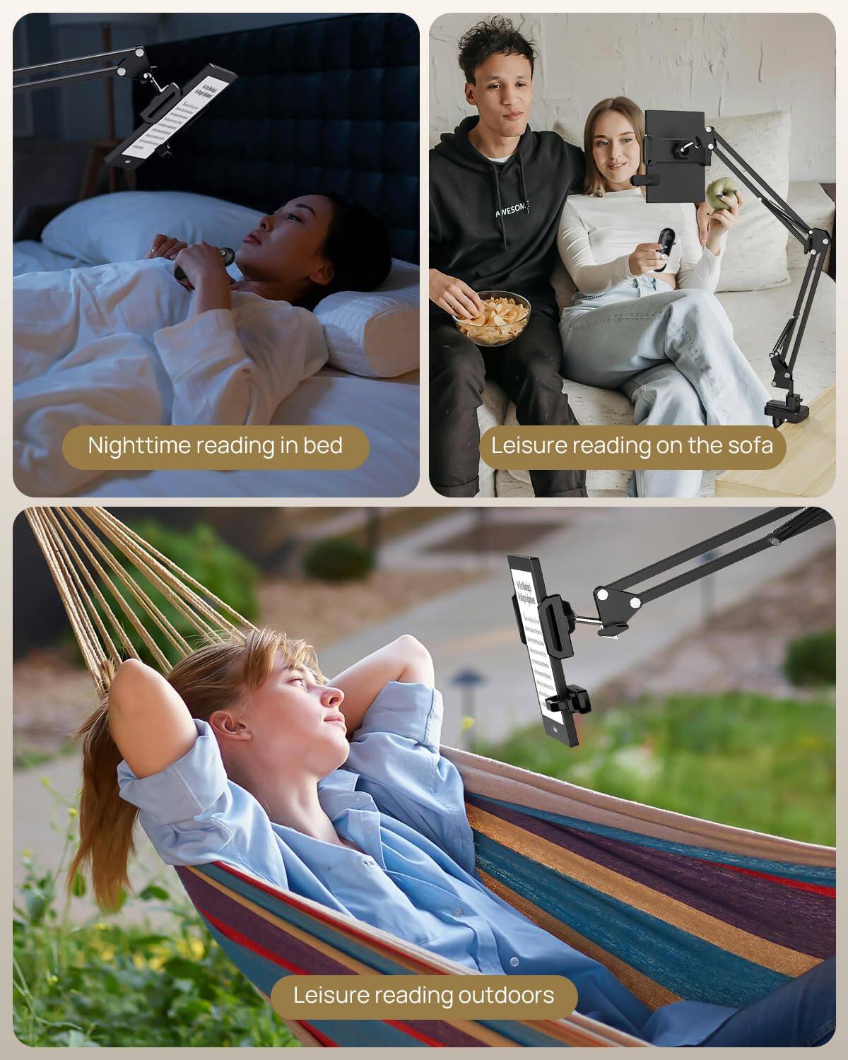 - Nighttime reading in bed
- Leisure reading on the sofa
- Leisure reading outdoors