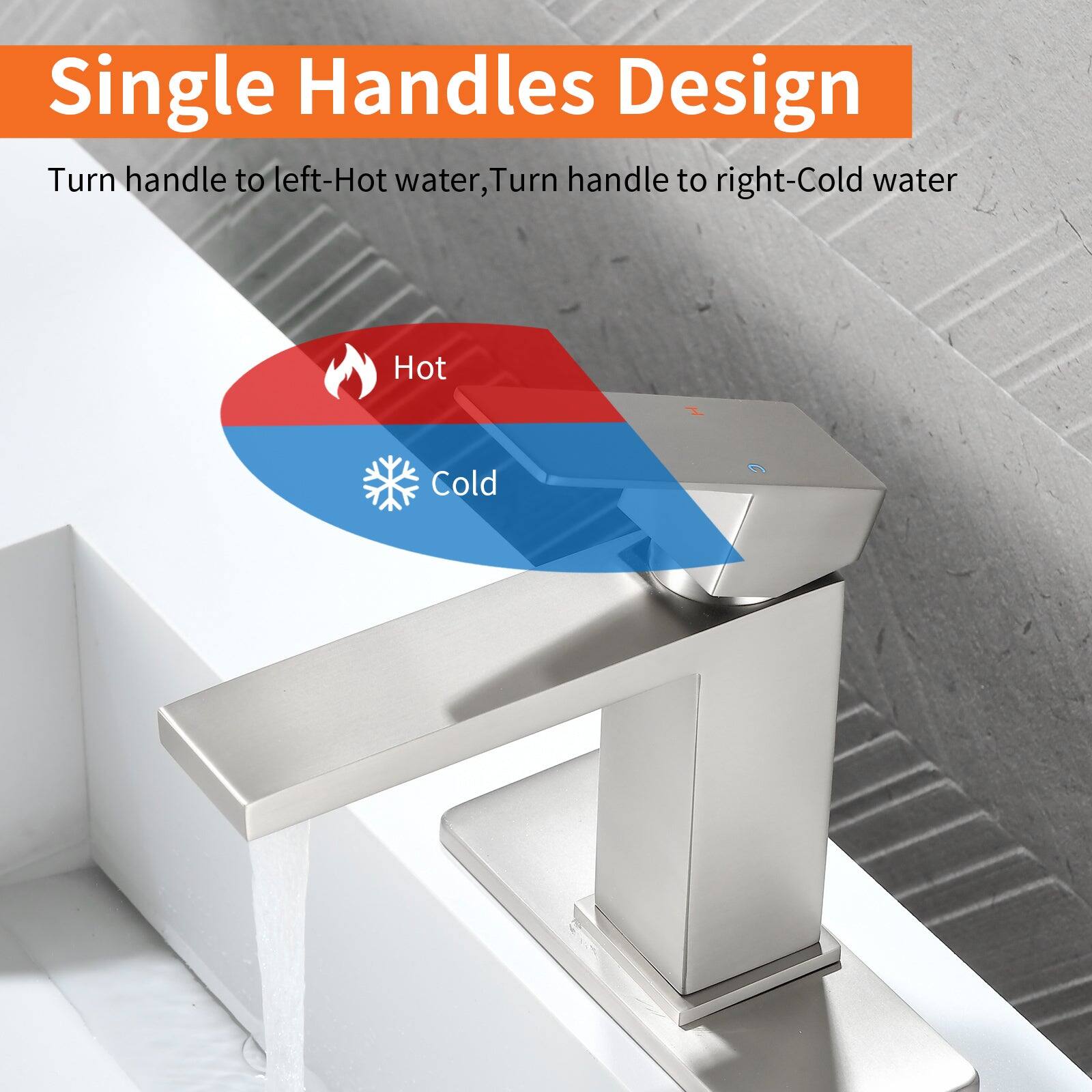 Single Handles Design

Turn handle to left-Hot water, Turn handle to right-Cold water

Hot  
Cold