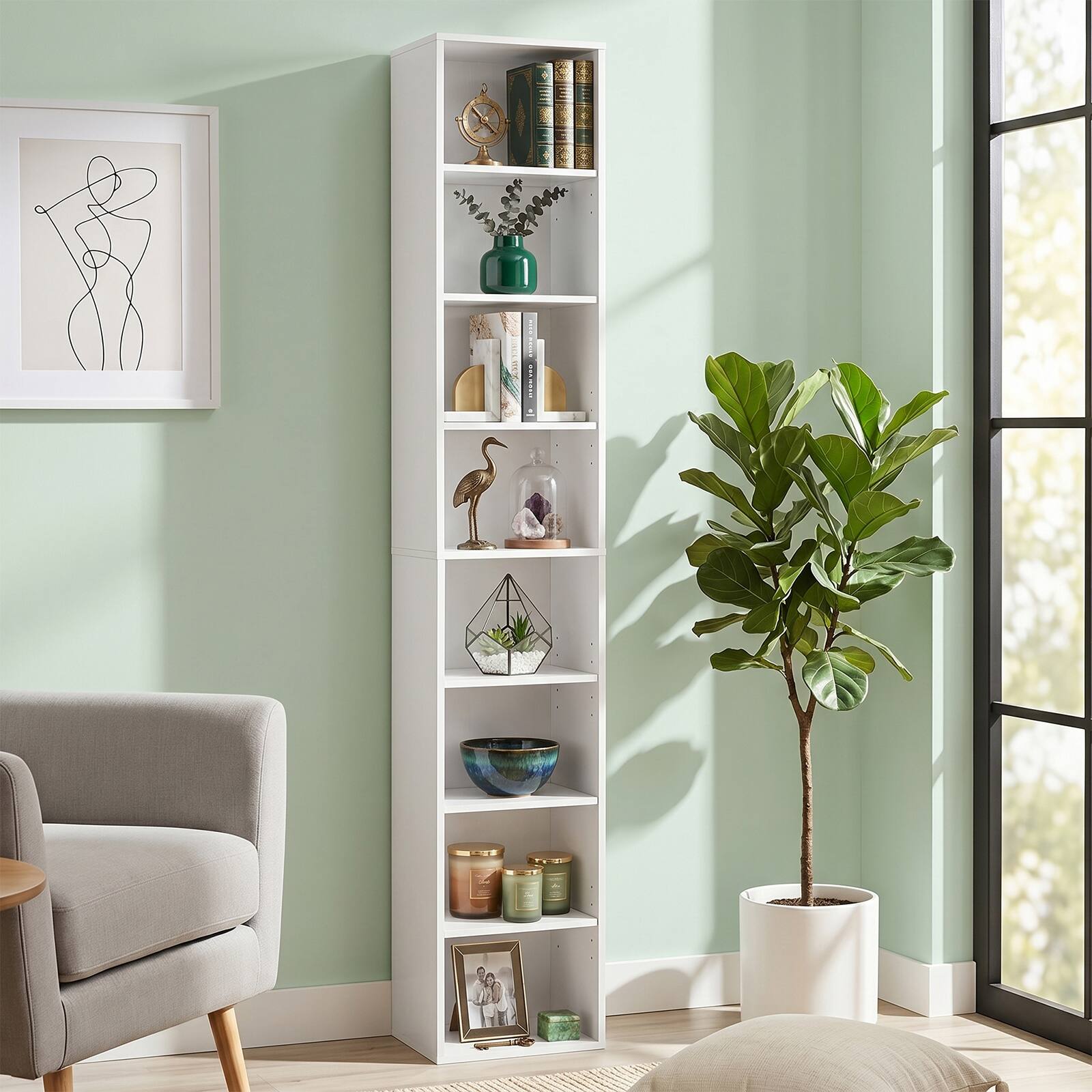 Alt View 1. Gymax - Gymax 71 Inches Tall Narrow Bookshelf 8-Tier Slim Bookcase w/ 4 Adjustable Shelves White - White.