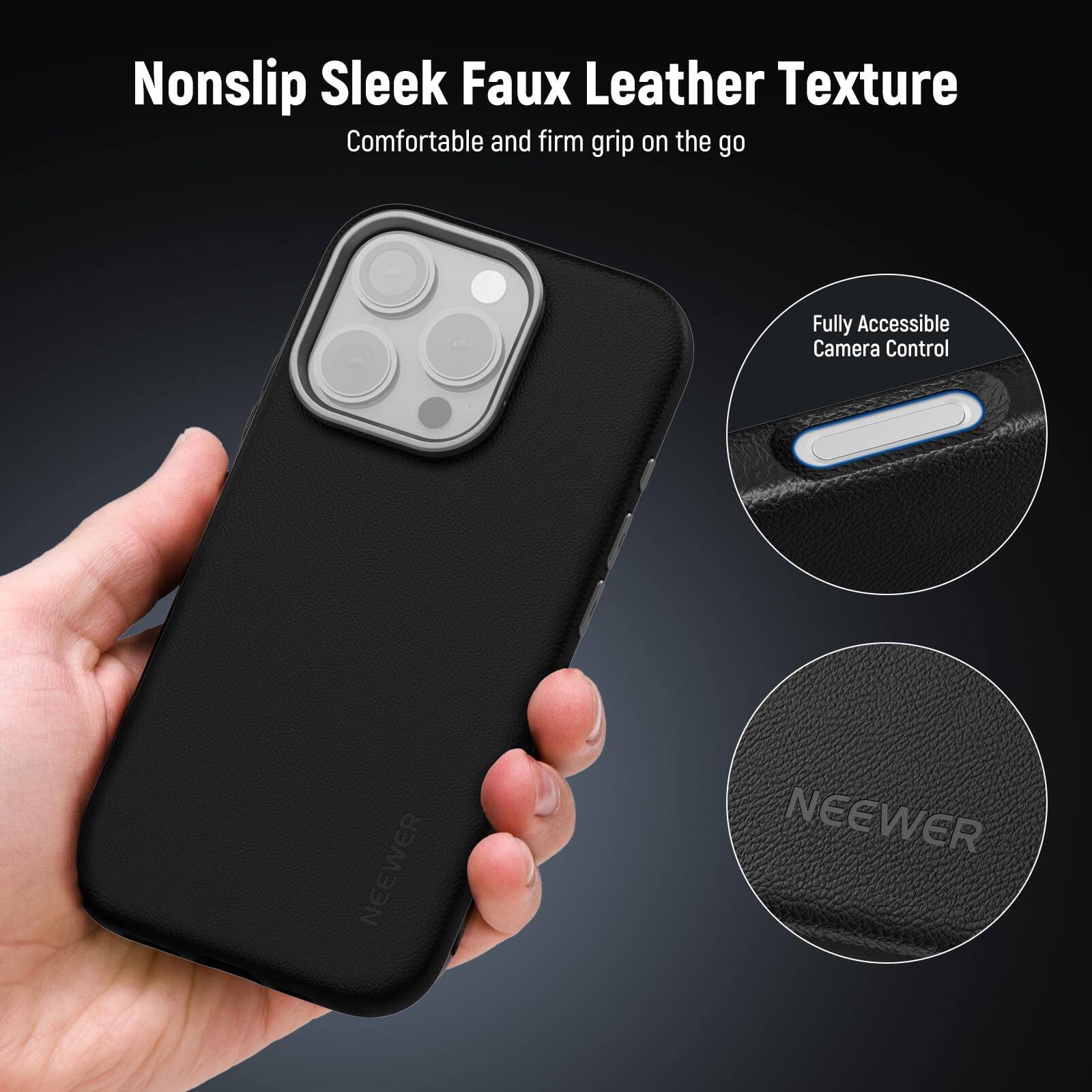 Nonslip Sleek Faux Leather Texture  
Comfortable and firm grip on the go  
Fully Accessible Camera Control  
NEEWER