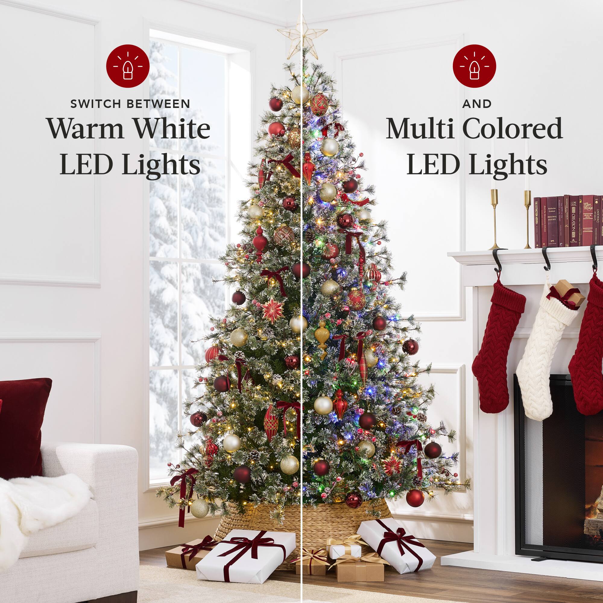 Switch between Warm White LED Lights and Multi Colored LED Lights.