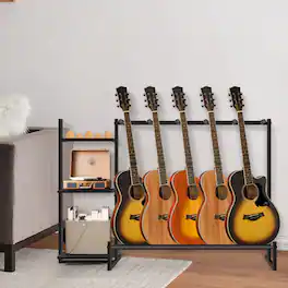 Oumilen - 5-Slot Guitar Stand with Storage Shelves, Matte Black Metal Frame & Black Wood Boards - Black