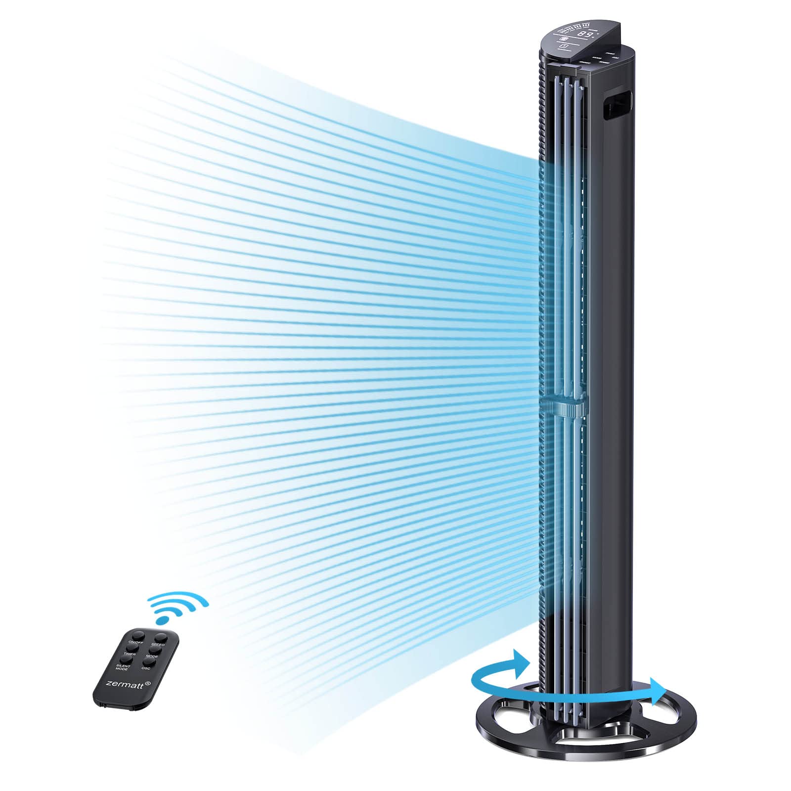 Front. Zermatt - 40" Smart Tower Fan, 80° Oscillating, 6 Speeds, 3 Modes, 15H Timer, Remote, Detachable - Black.