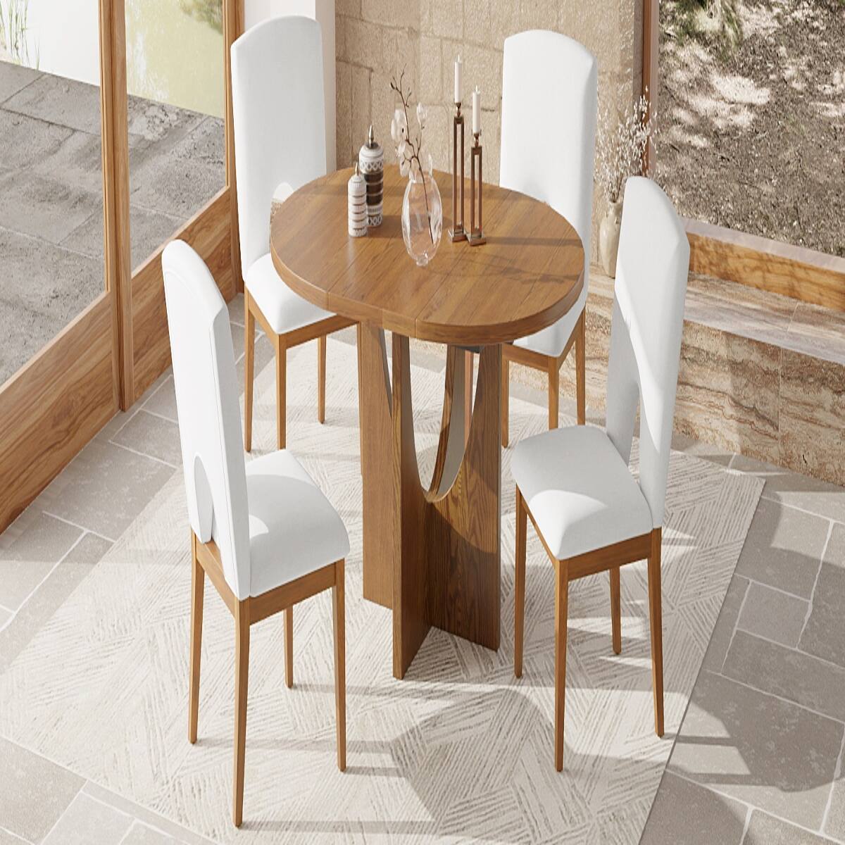 Loheer 5 Piece Round Dining Table Set with Removable Leaf, Walnut ...