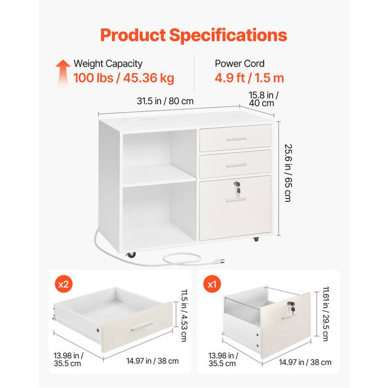 Product Specifications

Weight Capacity: 100 lbs / 45.36 kg

Power Cord: 4.9 ft / 1.5 m

Dimensions:
- Height: 31.5 in / 80 cm
- Width: 25.6 in / 65 cm
- Depth: 15.8 in / 40 cm

Drawer Dimensions:
- Width: 13.98 in / 35.5 cm
- Depth: 14.97 in / 38 cm
- Height: 11.5 in / 4.53 cm (x2)
- Height: 11.61 in / 29.5 cm (x1)