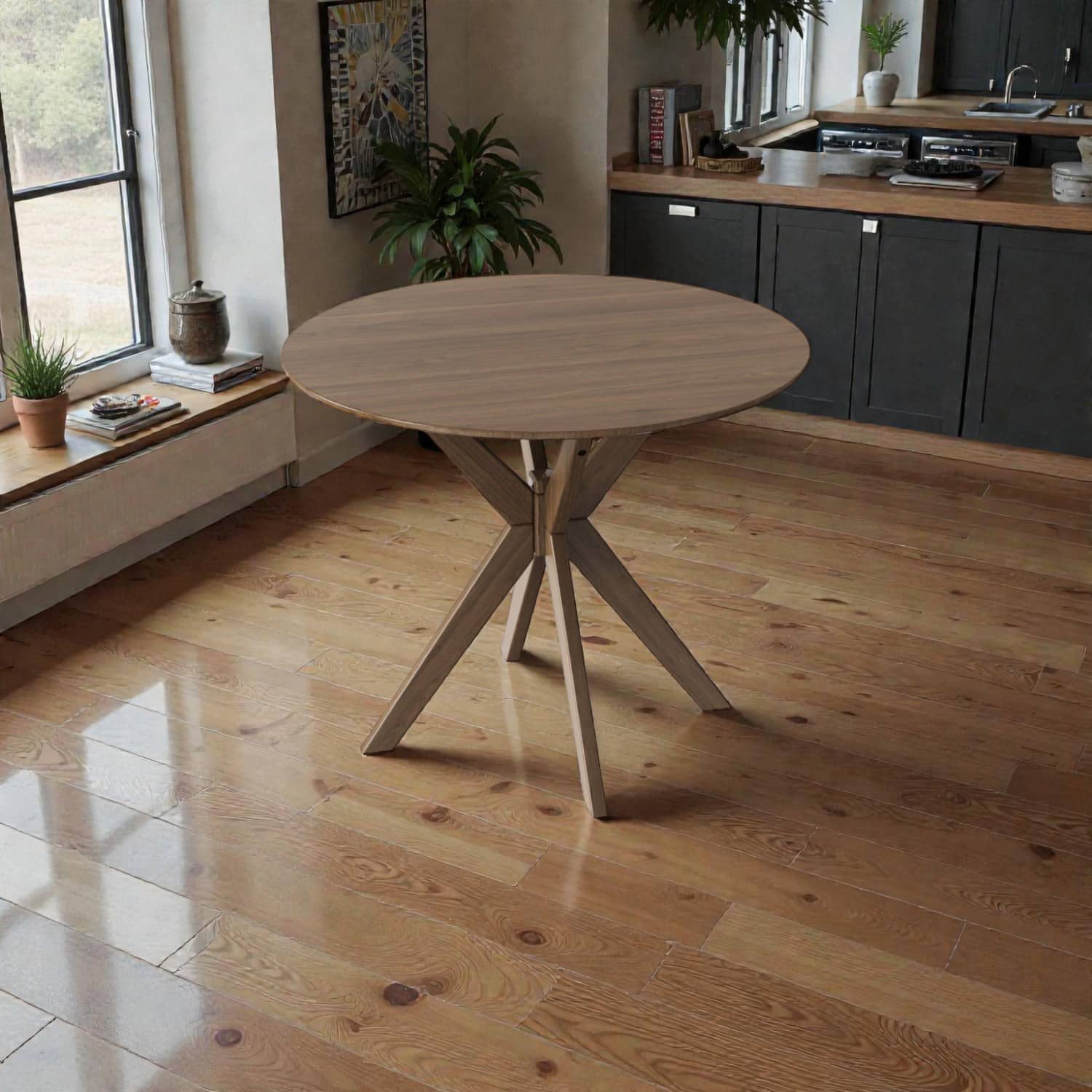 Hivvago - 36” Circular Wood Table Designed with a Modern Crossed Pedestal Base - Walnut