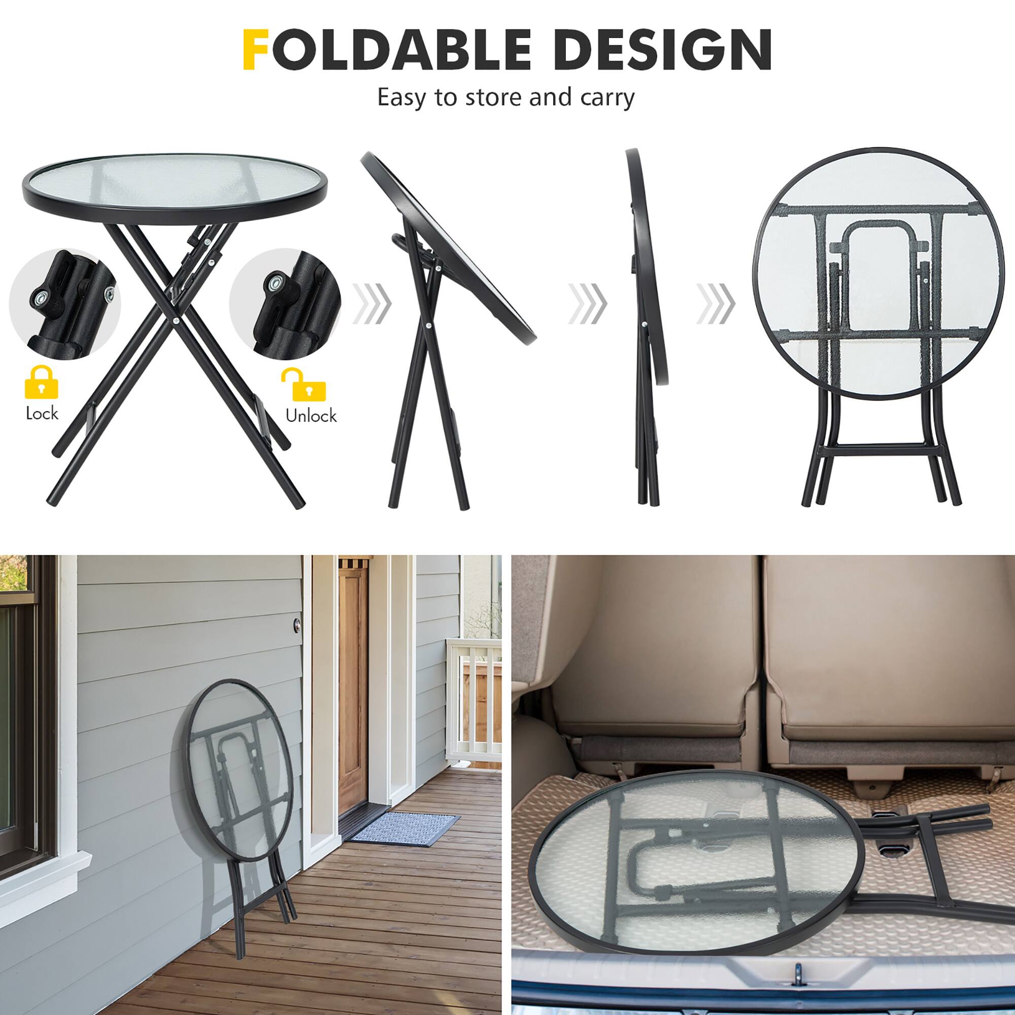 FOLDABLE DESIGN  
Easy to store and carry  

Lock  
Unlock