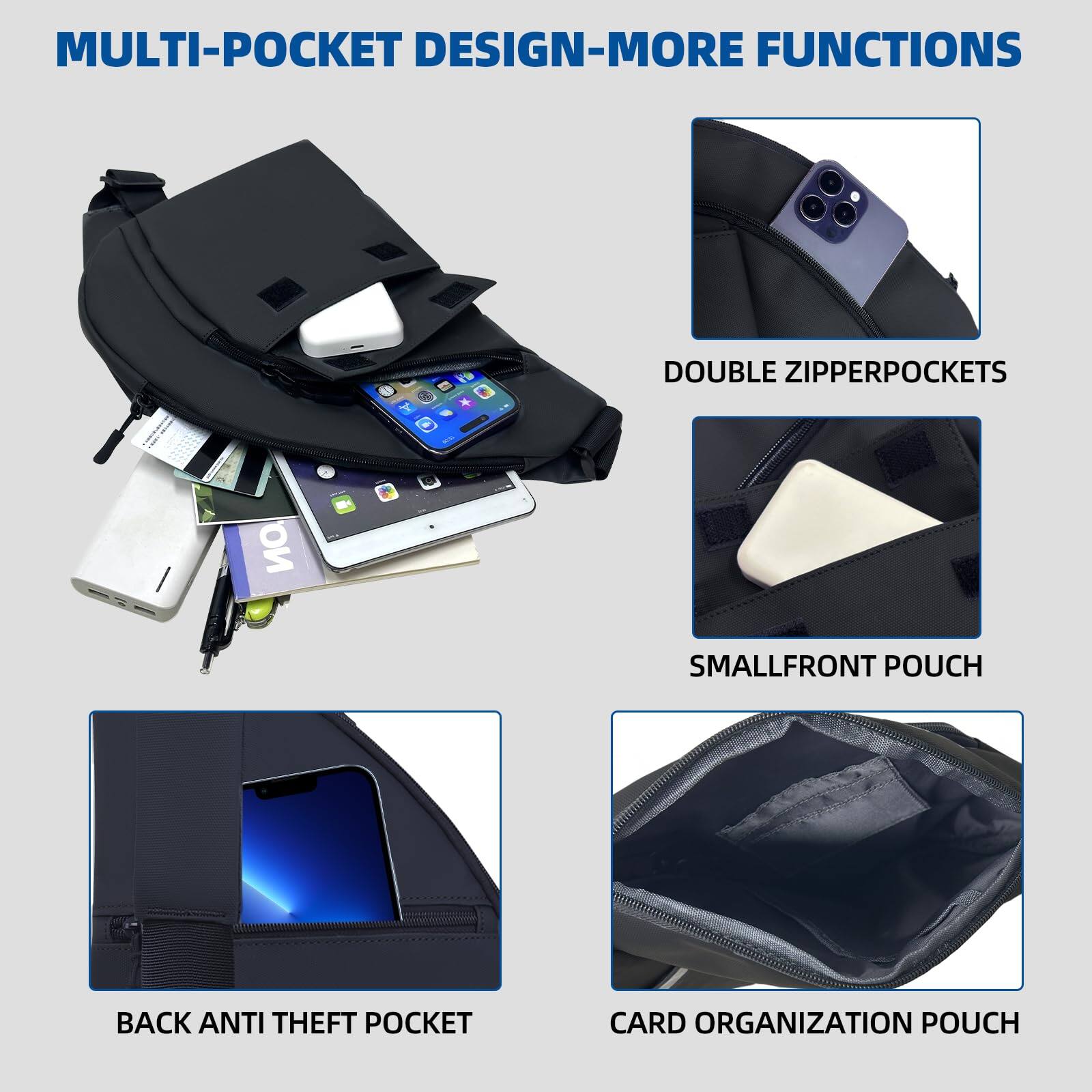 MULTI-POCKET DESIGN - MORE FUNCTIONS

- DOUBLE ZIPPER POCKETS
- SMALL FRONT POUCH
- BACK ANTI THEFT POCKET
- CARD ORGANIZATION POUCH