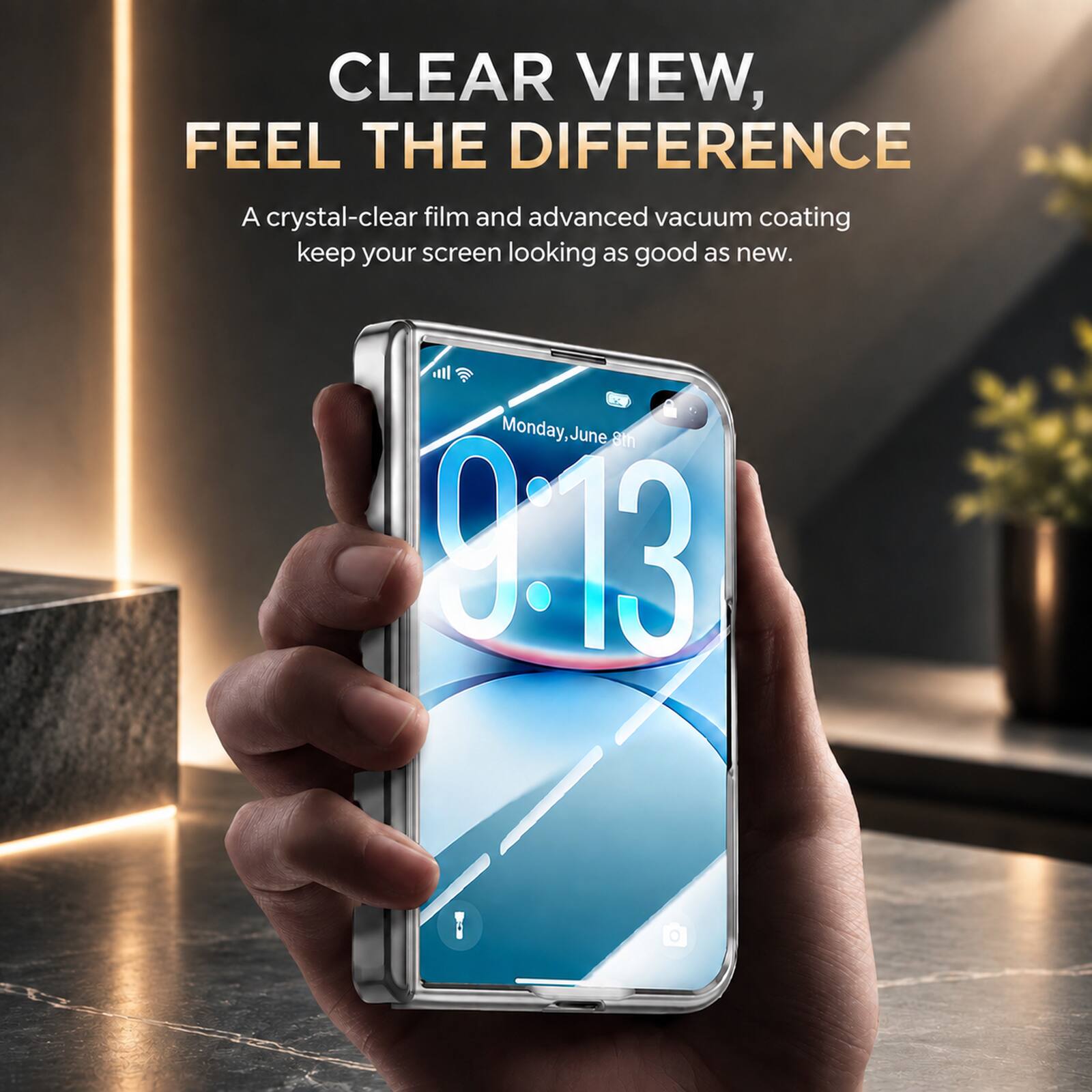 CLEAR VIEW, FEEL THE DIFFERENCE  
A crystal-clear film and advanced vacuum coating keep your screen looking as good as new.  

Monday, June 8th  
9:13
