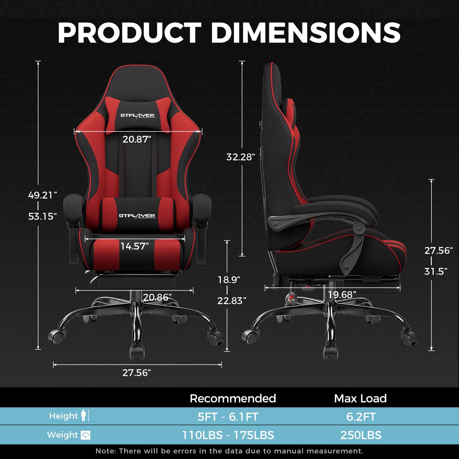 PRODUCT DIMENSIONS

GTPLAYER
20.87"
32.28"
49.21"
53.15"
GTPLAYER
14.57"
27.56"
18.9"
31.5"
20.86"
22.83"
19.68"
27.56"

Recommended
Max Load
Height
5FT - 6.1FT
6.2FT
Weight
110LBS - 175LBS
250LBS

Note: There will be errors in the data due to manual measurement.
