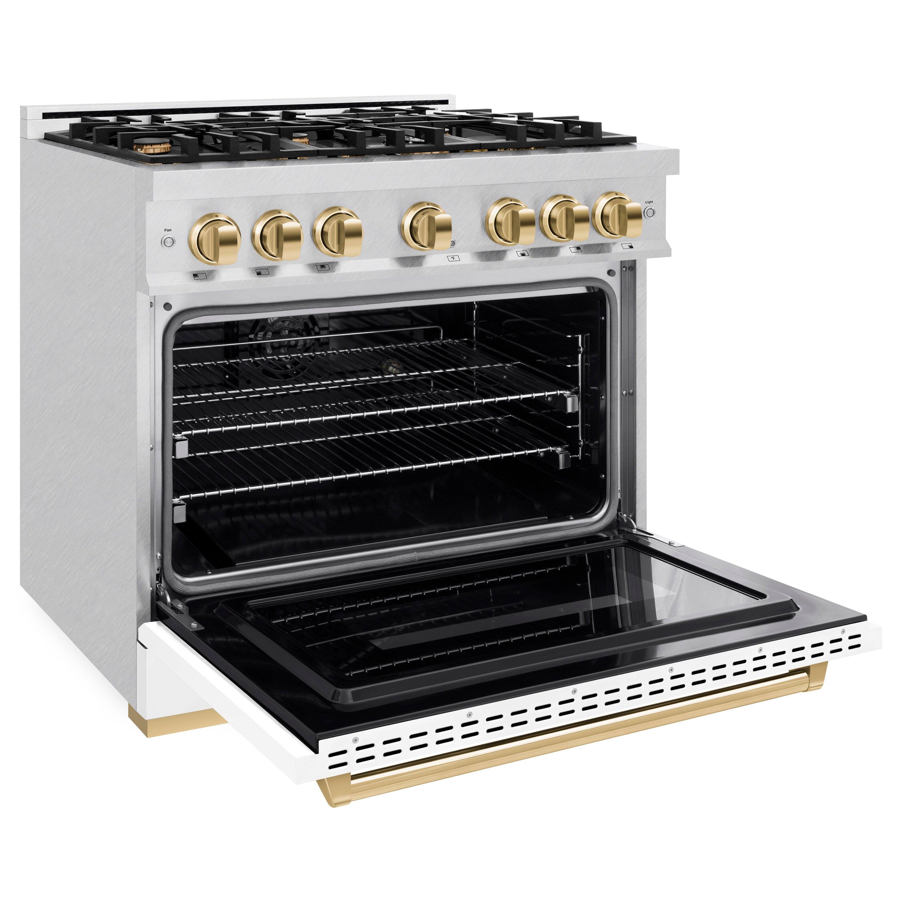 Left. ZLINE - ZLINE Autograph 36 in. Classic Dual Fuel Range with White and Gold Accents (CDRSZ-WM-36-G) - White.