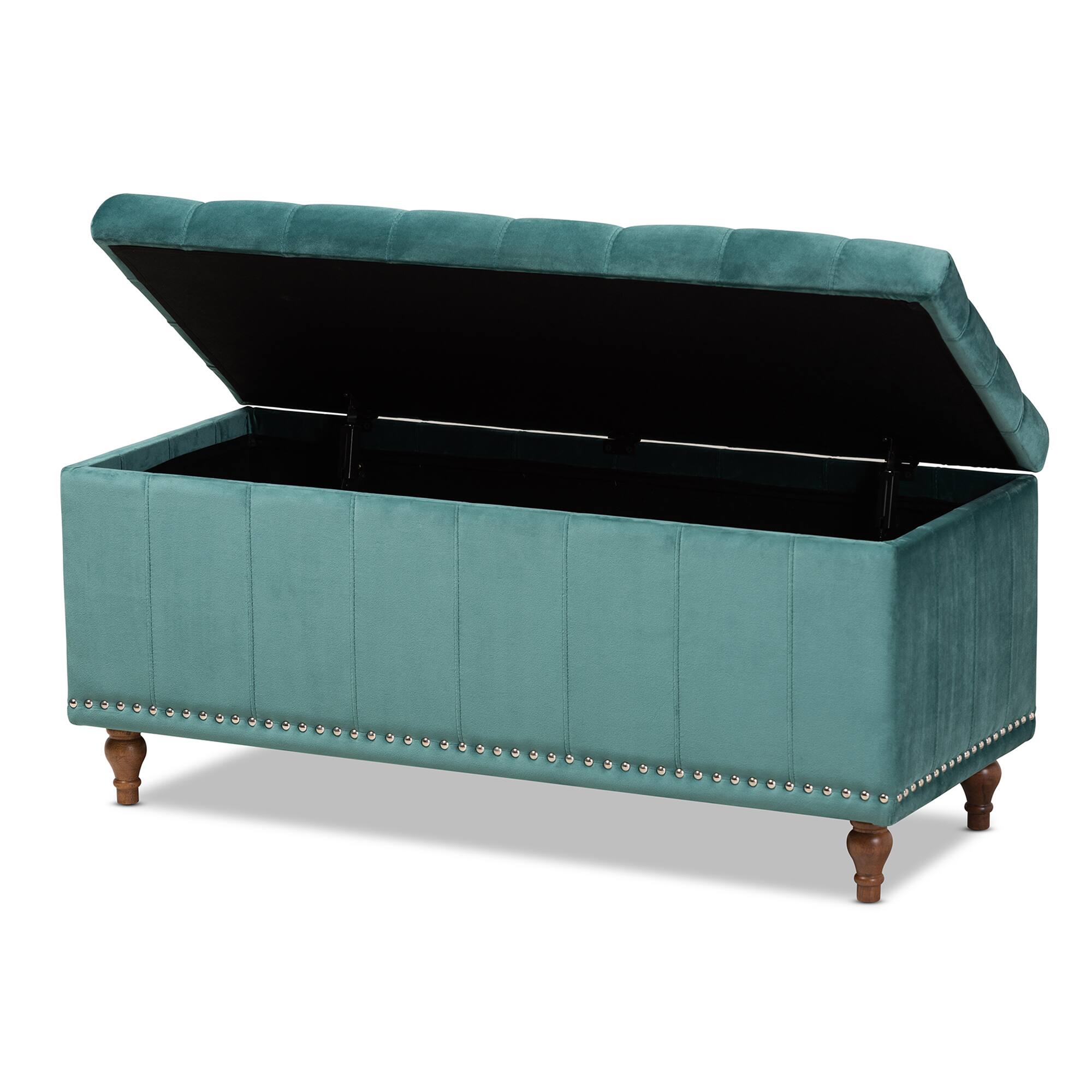 Angle. Baxton Studio - Kaylee Modern and Contemporary Velvet Fabric Upholstered Button-Tufted Storage Ottoman Bench - Teal Blue/Brown.