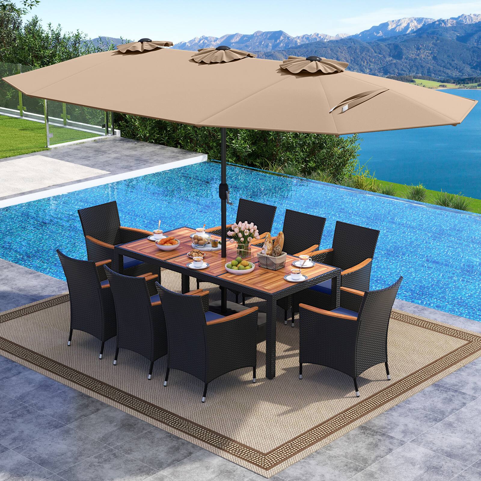 Alt View 3. Costway - Costway 11 PCS Patio Wicker Dining Set with Double-Sided Outdoor Umbrella 8 Stackable Chairs - Brown+Navy.