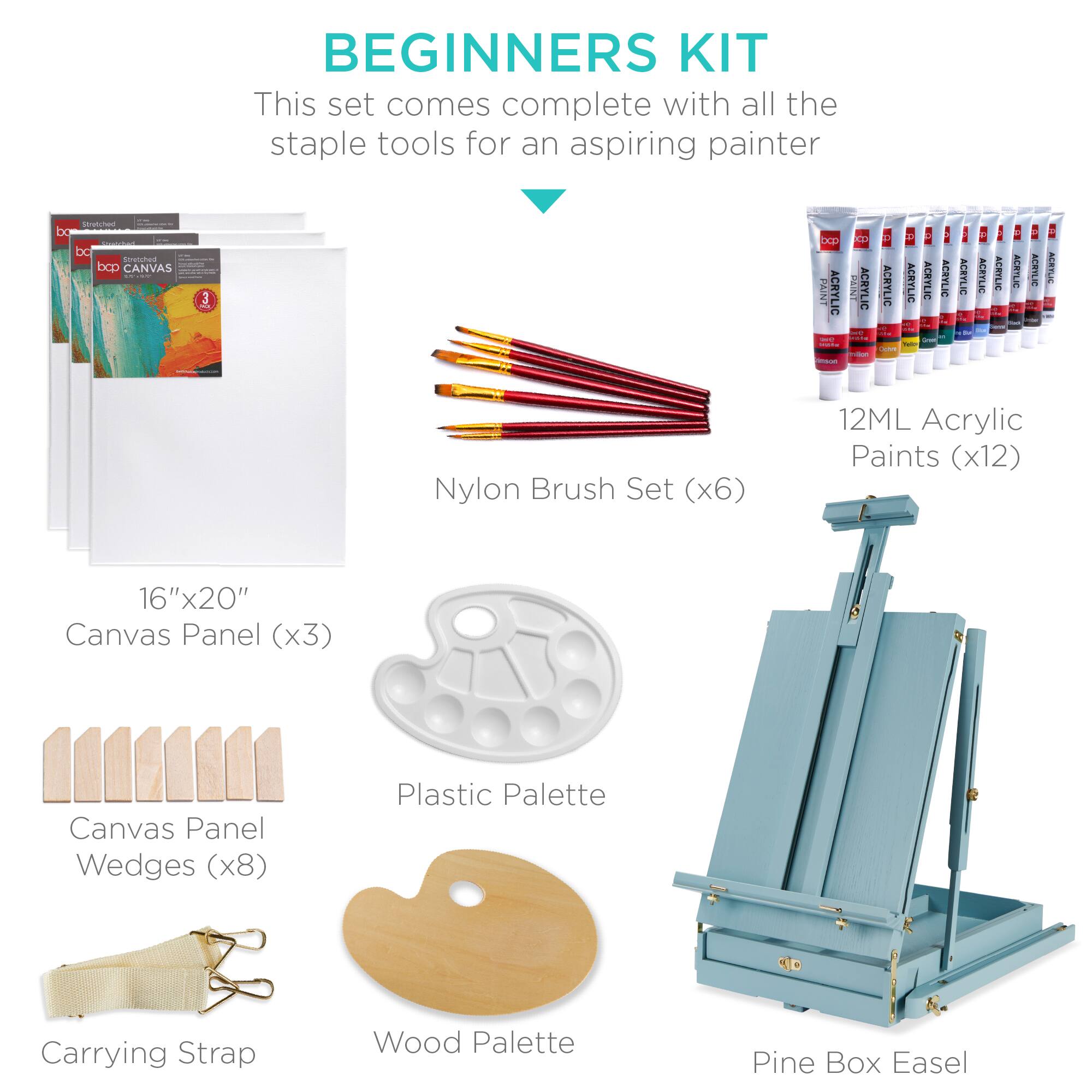 BEGINNERS KIT

This set comes complete with all the staple tools for an aspiring painter

- 16"x20" Canvas Panel (x3)
- Nylon Brush Set (x6)
- 12ML Acrylic Paints (x12)
- Canvas Panel Wedges (x8)
- Plastic Palette
- Carrying Strap
- Wood Palette
- Pine Box Easel