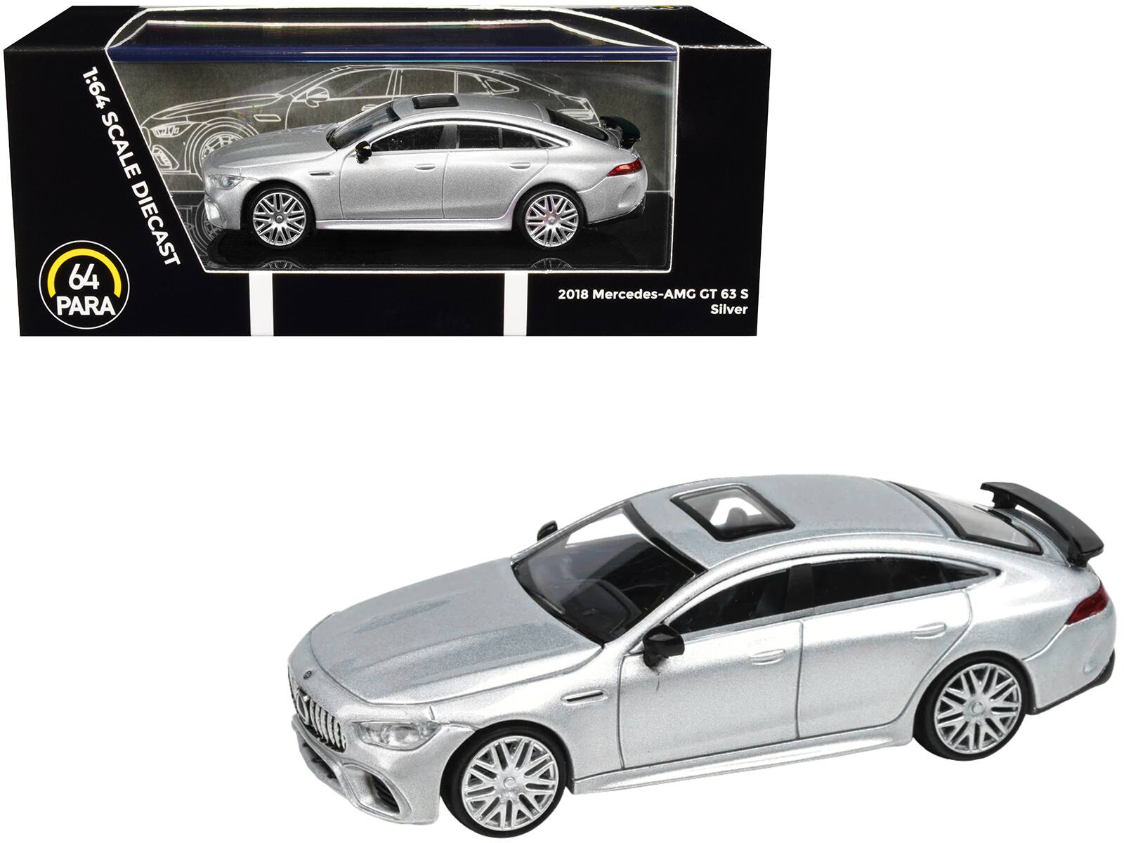 2018 Mercedes-AMG GT 63 S with Sunroof Silver Metallic 1/64 Diecast Model Car by Paragon Models