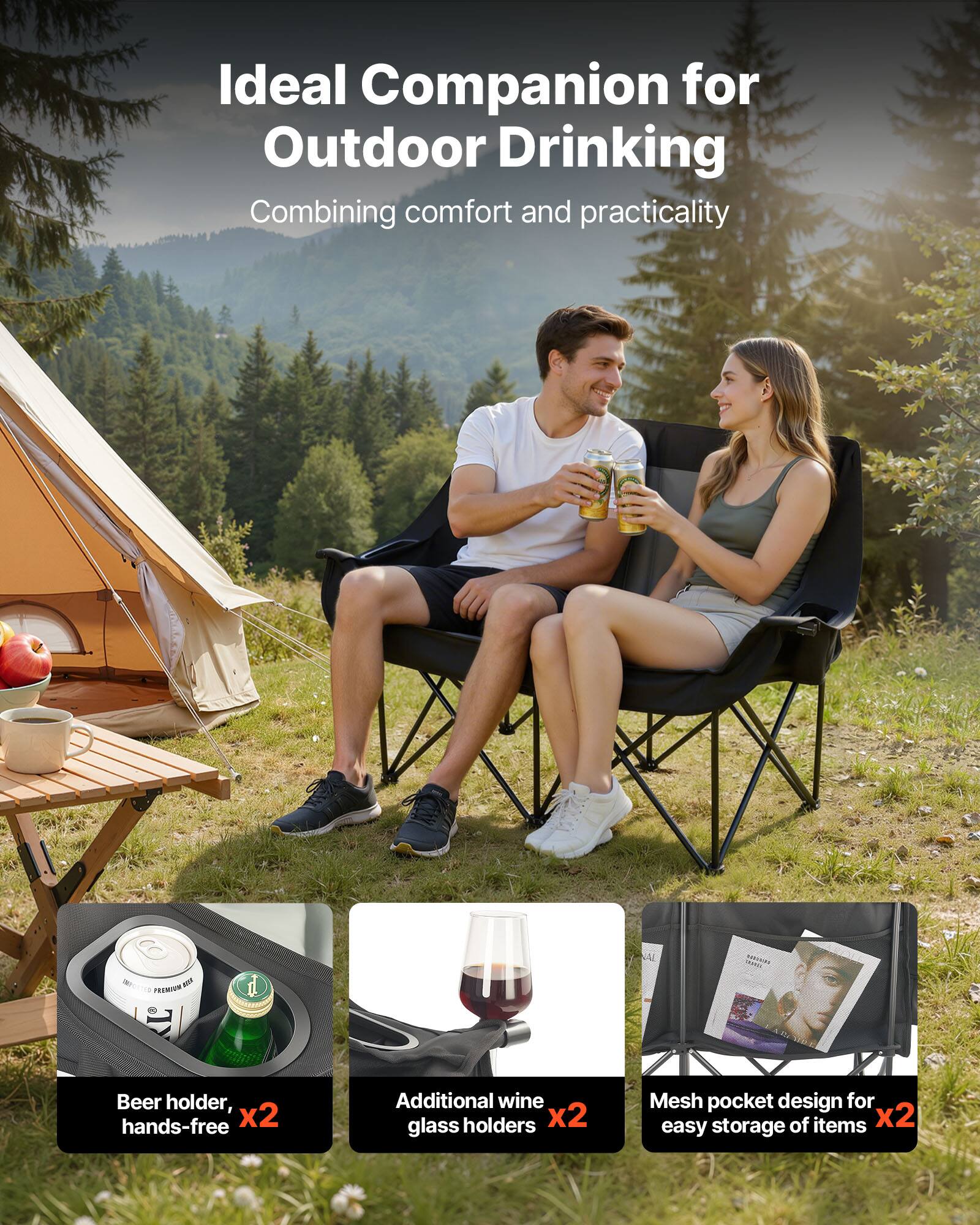 Ideal Companion for Outdoor Drinking  
Combining comfort and practicality

- Beer holder, hands-free x2
- Additional wine glass holders x2
- Mesh pocket design for easy storage of items x2