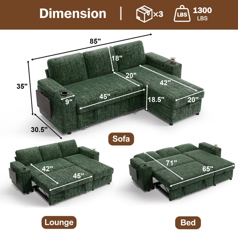 Dimension  
Sofa  
- Length: 85"  
- Width: 45"  
- Depth: 35"  
- Seat Height: 18"  
- Armrest Height: 20"  
- Back Height: 42"  
- Seat Depth: 18.5"  
- Armrest Width: 20"  
- Overall Depth: 30.5"  

Lounge  
- Length: 42"  
- Width: 45"  

Bed  
- Length: 71"  
- Width: 65"  

Weight Capacity: 1300 LBS  
Number of Boxes: 3