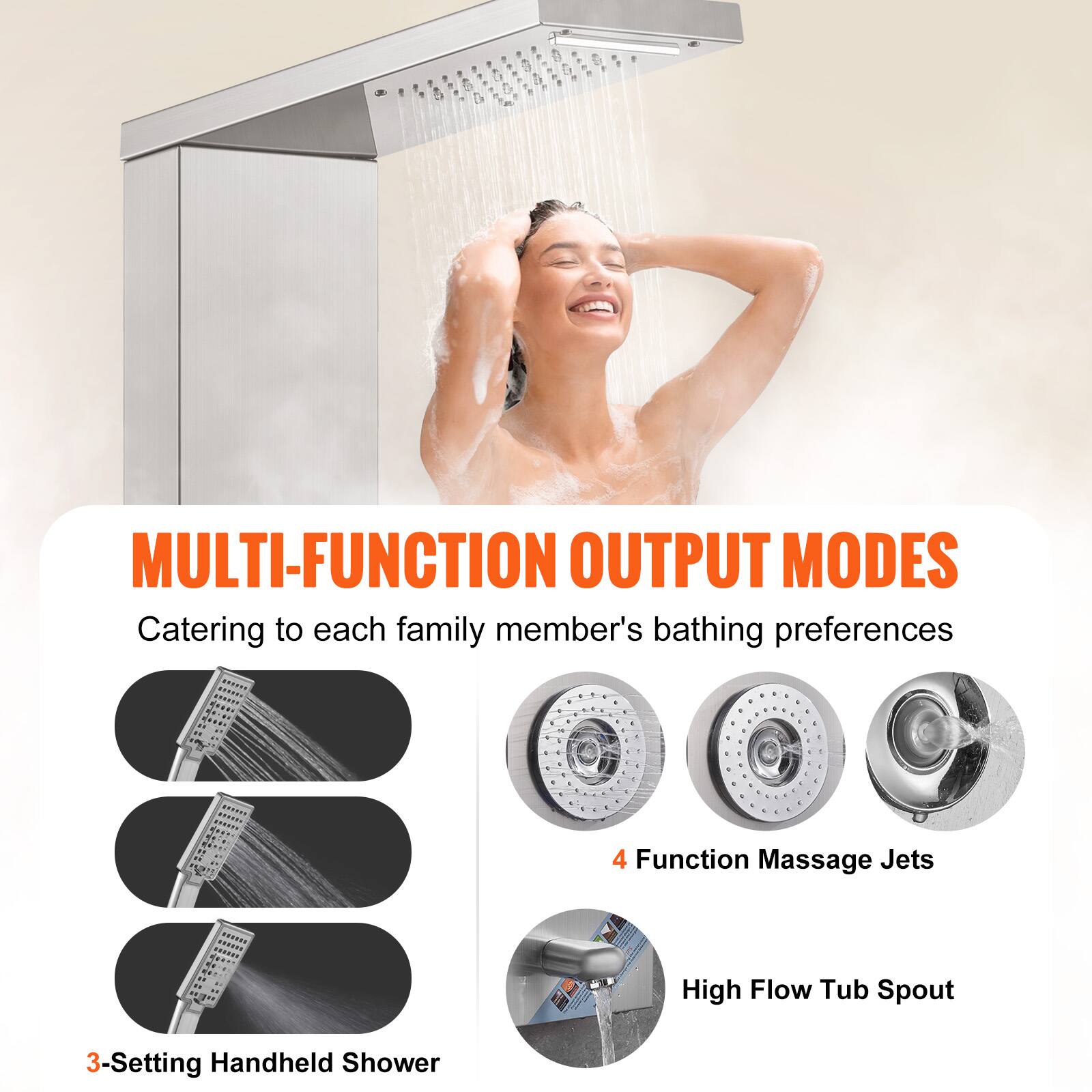 MULTI-FUNCTION OUTPUT MODES  
Catering to each family member's bathing preferences  

- 3-Setting Handheld Shower  
- 4 Function Massage Jets  
- High Flow Tub Spout