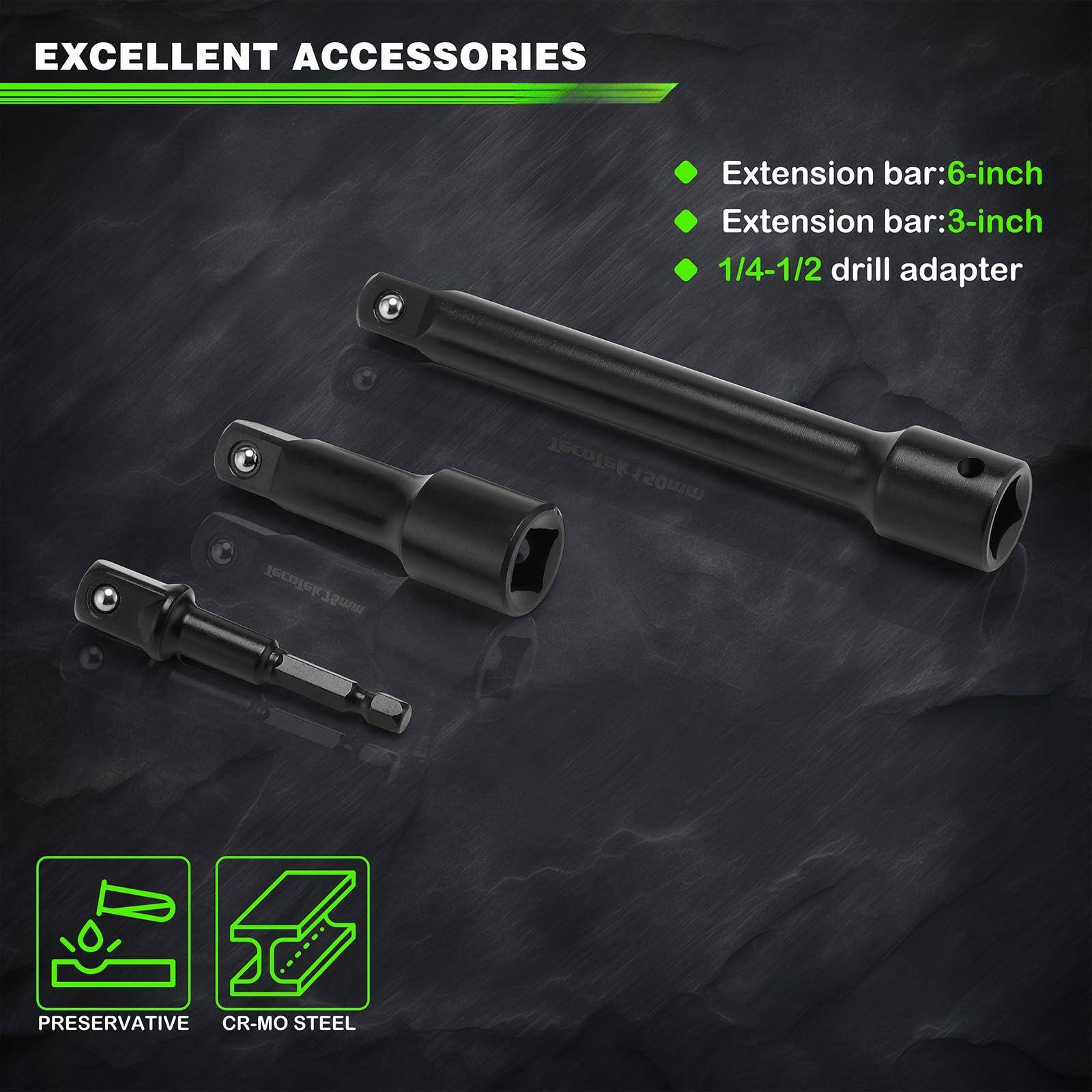 EXCELLENT ACCESSORIES

- Extension bar: 6-inch
- Extension bar: 3-inch
- 1/4-1/2 drill adapter

PRESERVATIVE
CR-MO STEEL