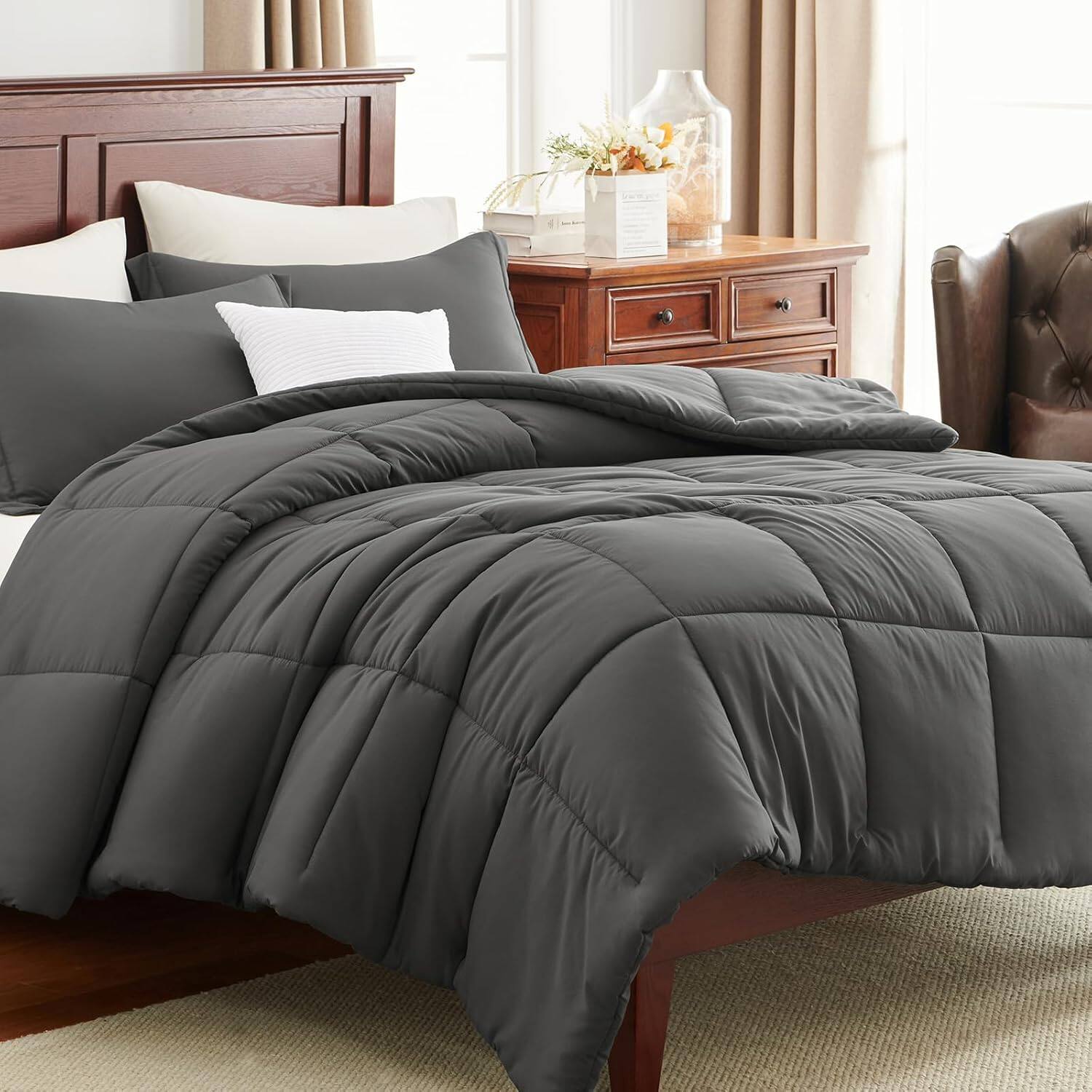 Alt View 1. FINEAK - Queen Comforter Set-Soft, All-Season, 3-Piece Comfort - Dark Grey.