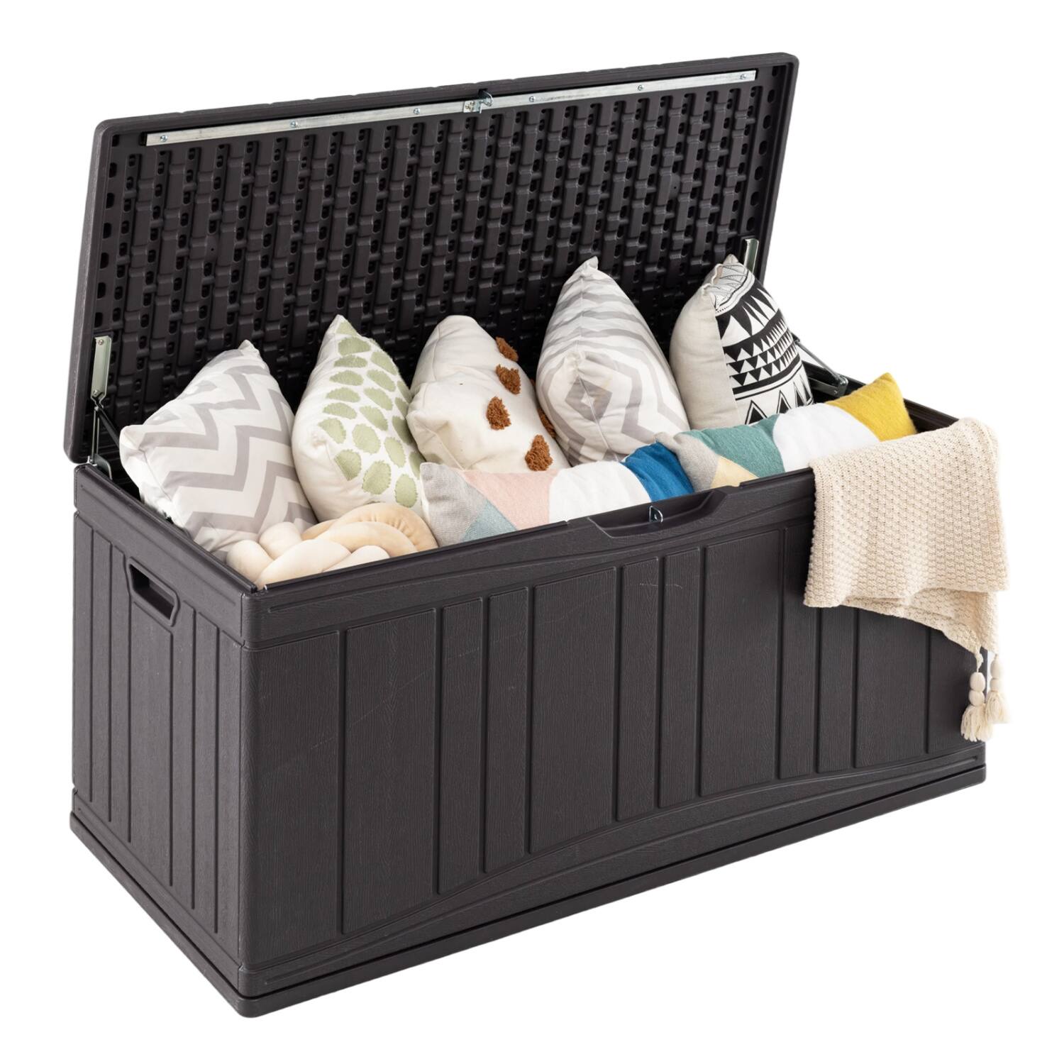 Front. WELLFOR - 80 Gallon Outdoor Deck Box with Lockable Lid for Garden Tools and Cushions - Brown.