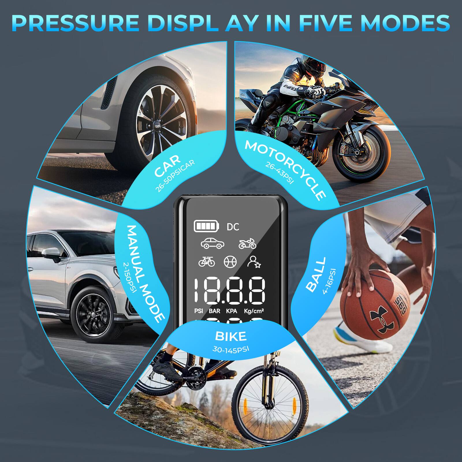 PRESSURE DISPLAY IN FIVE MODES
CAR 26-50PSI
MOTORCYCLE 26-43PSI
DC 2-150PSI
MANUAL MODE
BALL 4-16PSI
BIKE 30-145PSI
18.8.8 PSI BAR A Kg/cm2 695