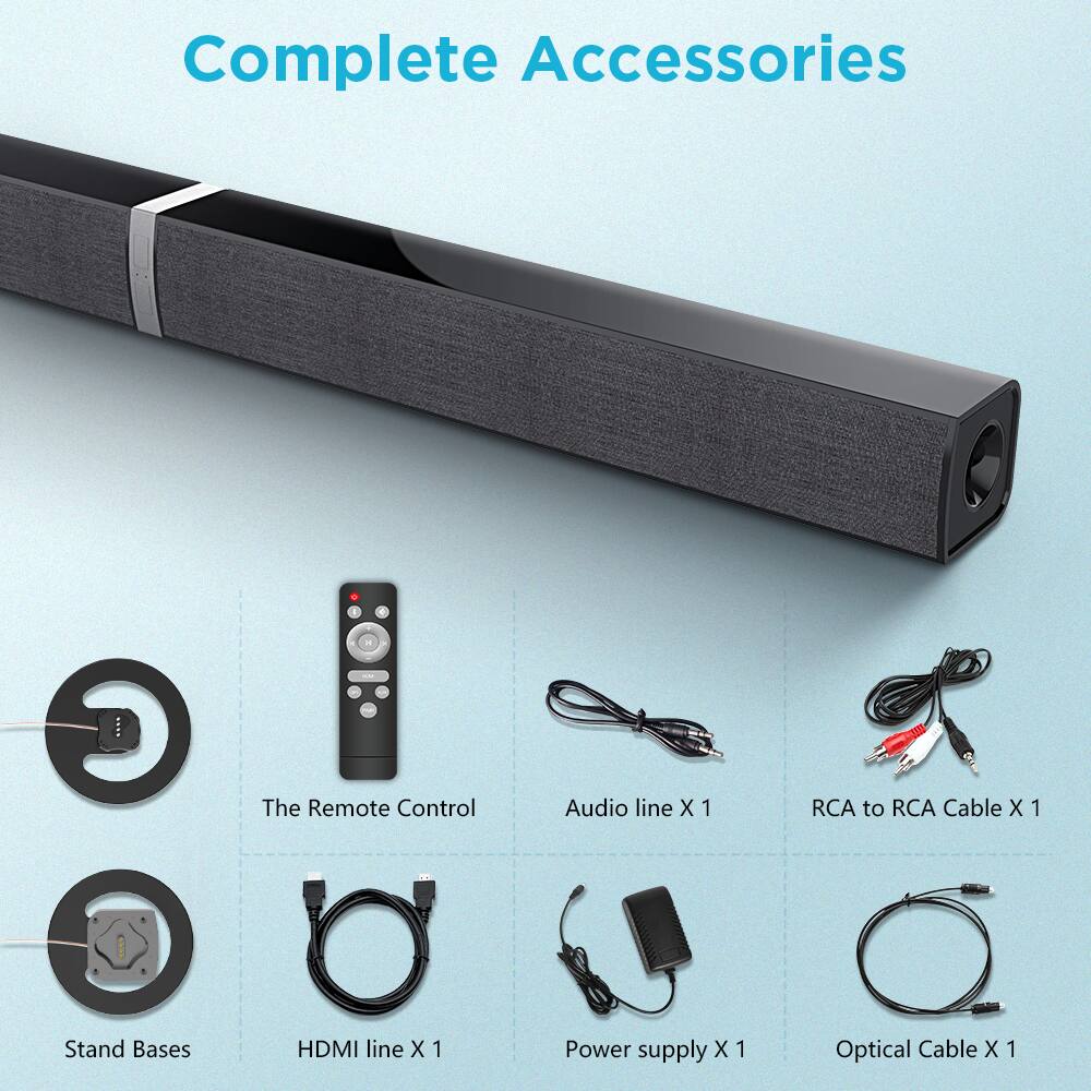 Complete Accessories

- The Remote Control
- Audio line X 1
- RCA to RCA Cable X 1
- Stand Bases
- HDMI line X 1
- Power supply X 1
- Optical Cable X 1