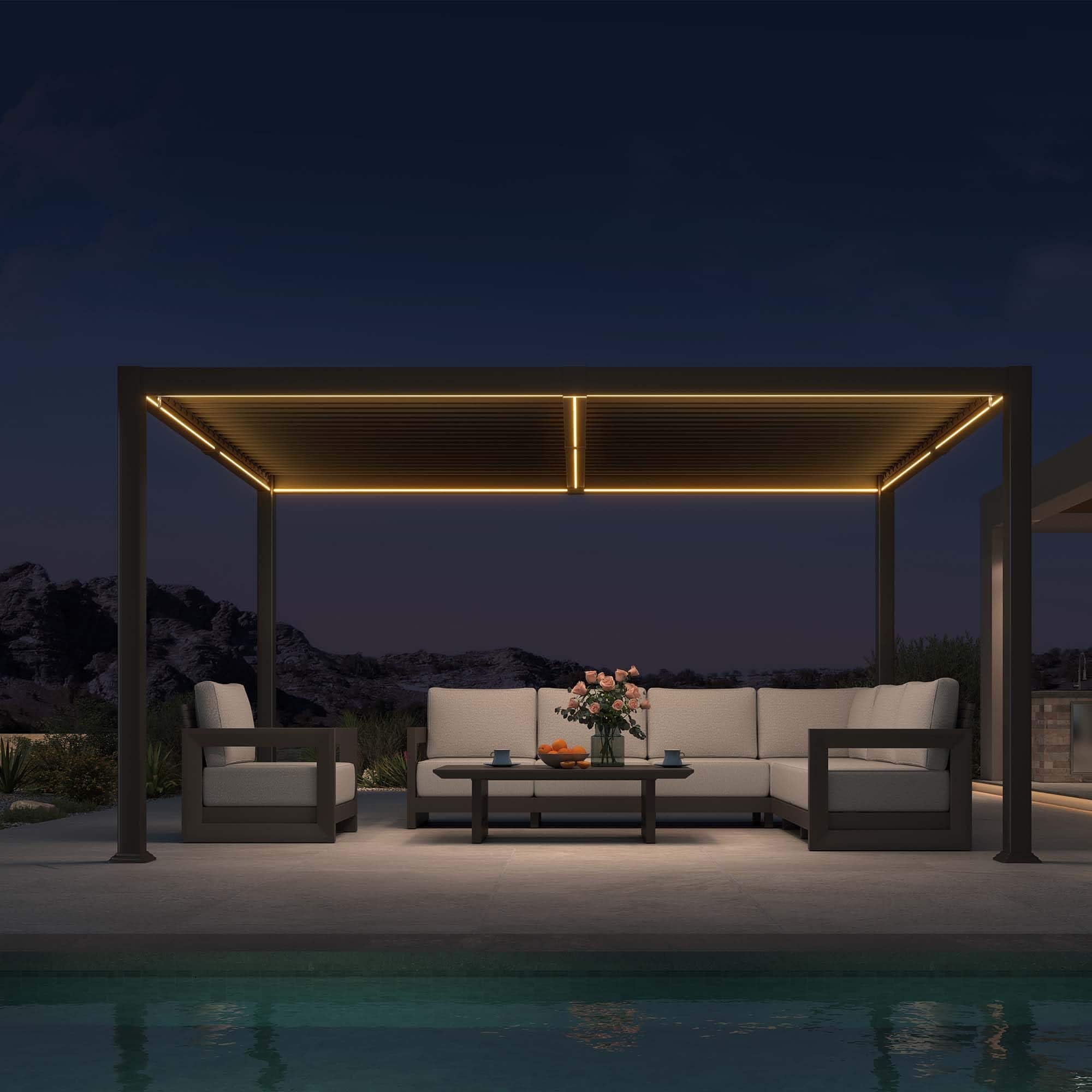 PURPLE LEAF - Louvered Pergola with LED Strip Lights Outdoor Bronze Aluminum Hardtop Gazebo with Adjustable Roof for Patio Garden Yard - 10' X 14'