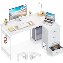 AODK - Reversible L Shaped Desk with 4 Fabric Drawers, Corner Computer Table with CPU Stand & Hook for Home Office - White