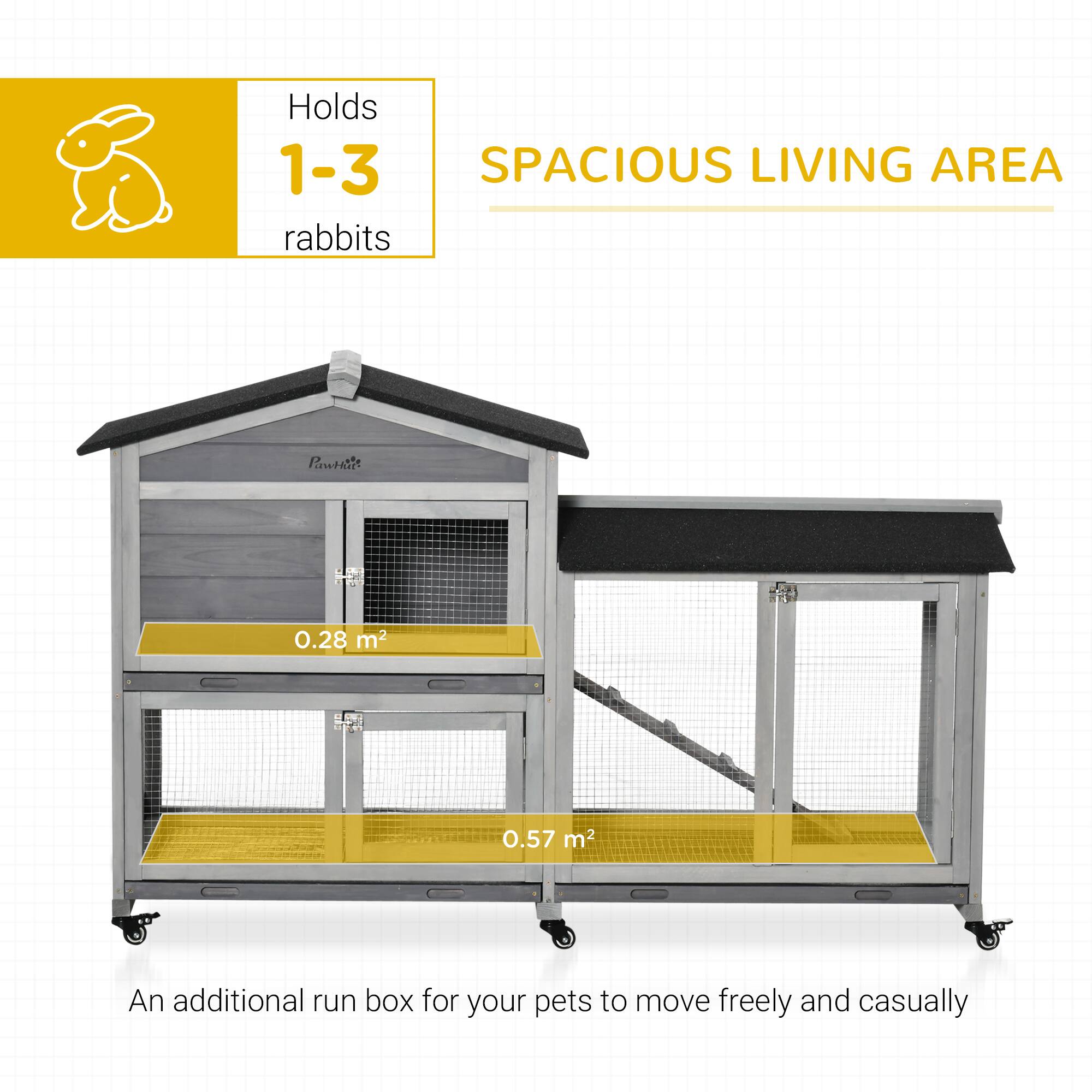 Holds 1-3 rabbits

SPACIOUS LIVING AREA

0.28 m²

0.57 m²

An additional run box for your pets to move freely and casually
