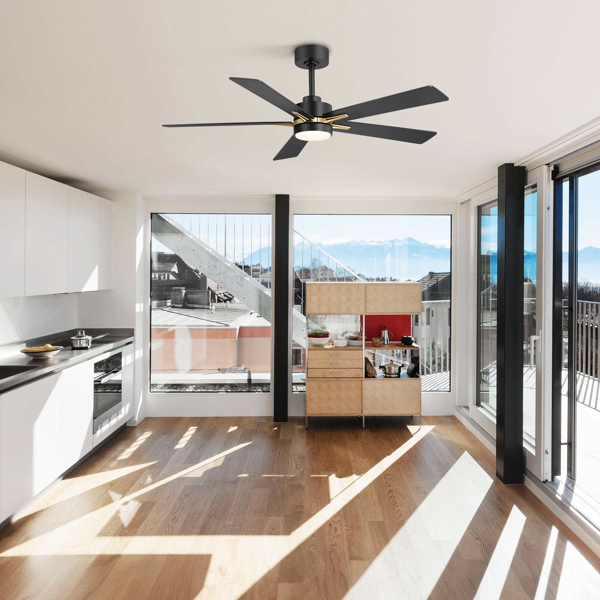 Alt View 4. Breezary - 52-Inch Indoor LED Ceiling Fan with 5 Plywood Blades, DC Motor, 5/10'' Downrods, Remote Control, Reversible, for Bedroom - Gold and Black.