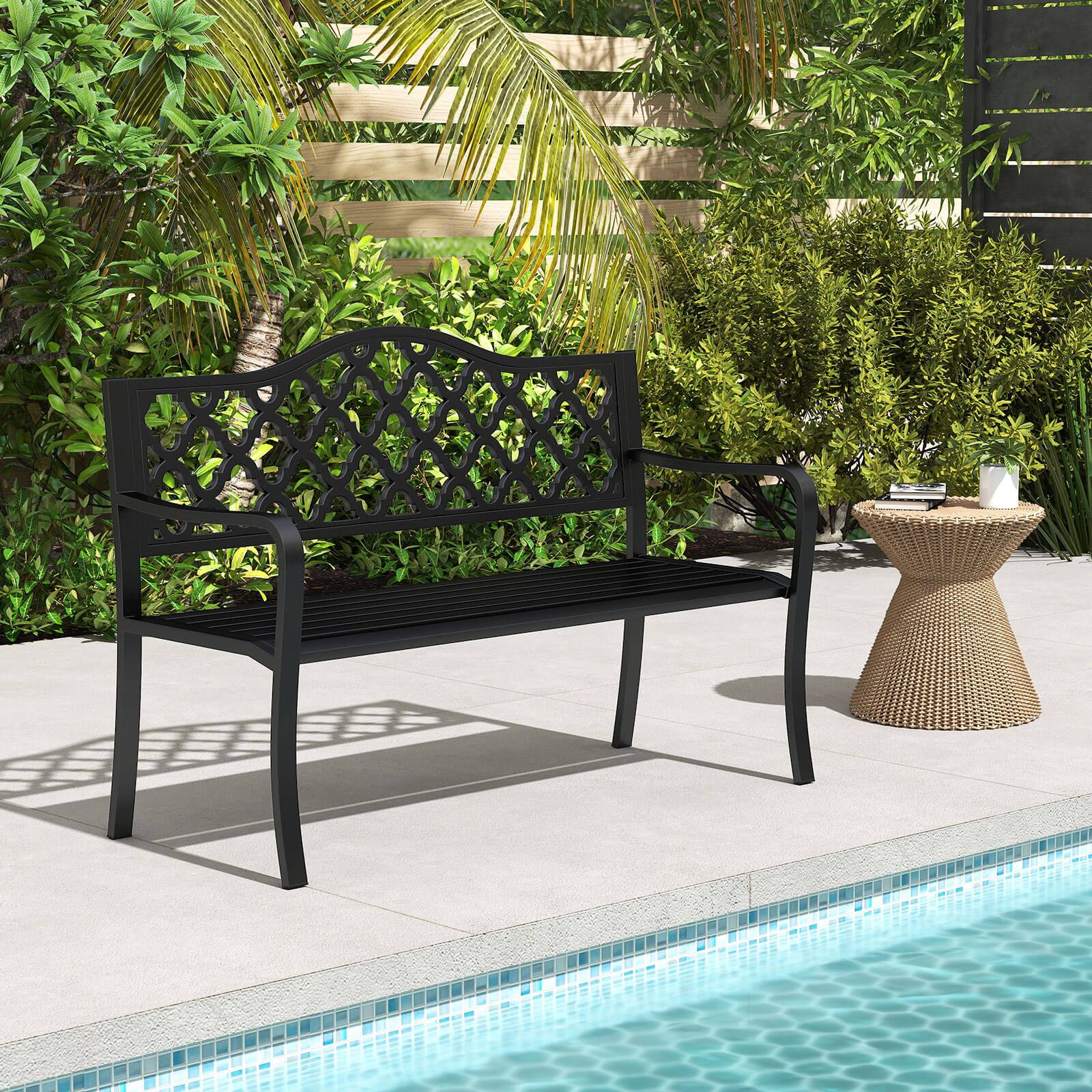 Alt View 1. Costway - Costway 50.5" Patio Bench Slatted Metal Garden Bench for 2-3 People Park-Style Loveseat - Black.