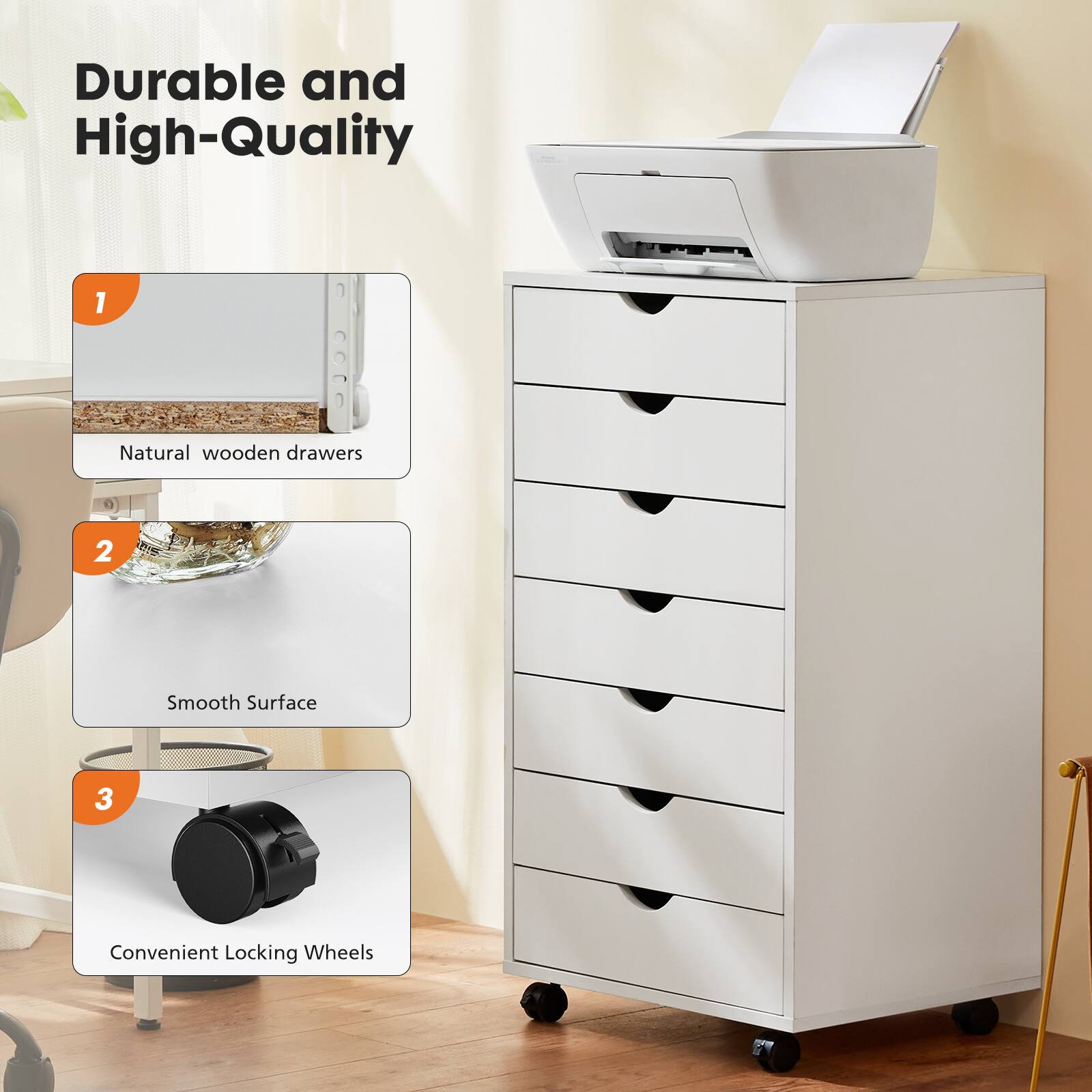 Durable and High-Quality:
1. Natural wooden drawers
2. Smooth Surface
3. Convenient Locking Wheels