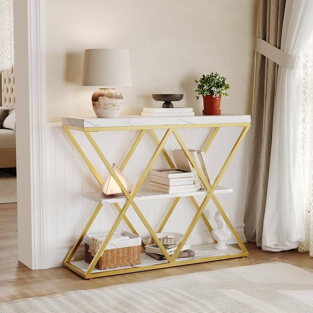 Acekool - 3-Tier X-Shaped Console Table, Entryway Table with Storage Shelf for Hallway, Living Room - White
