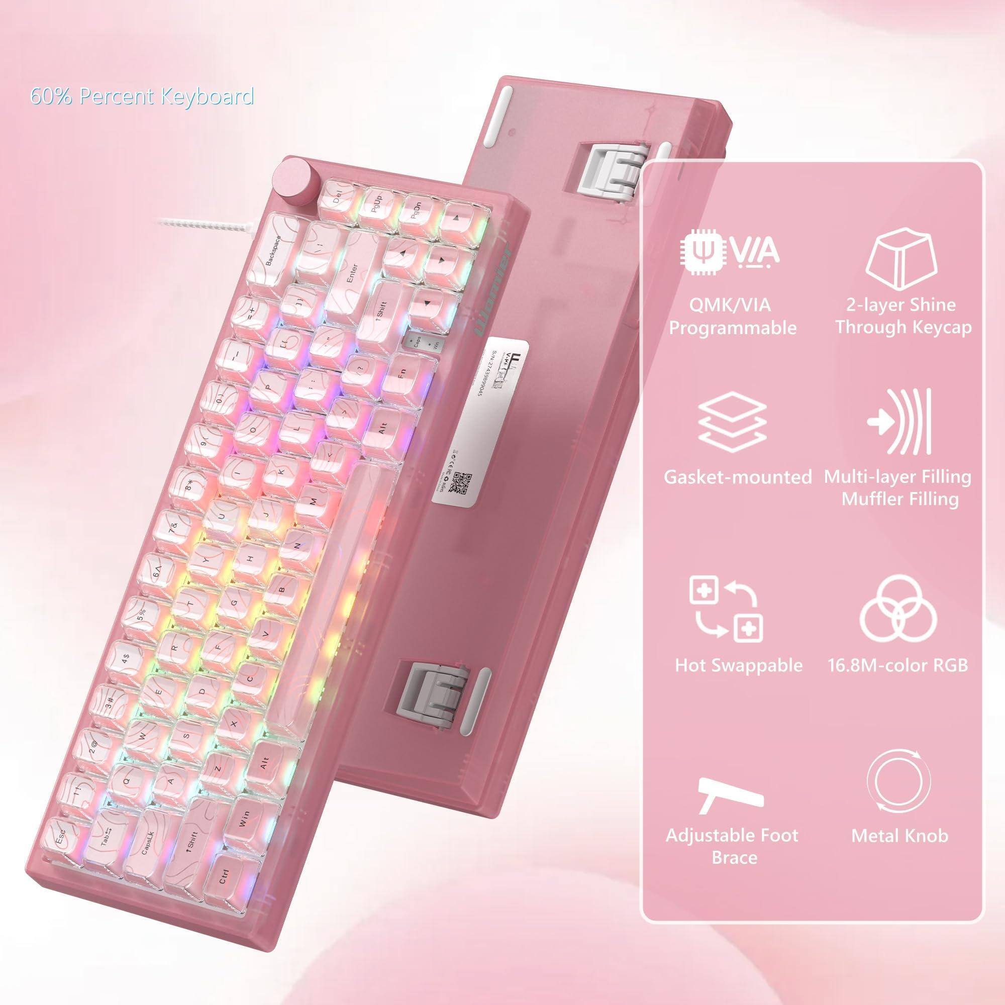 60% Percent Keyboard

- QMK/VIA Programmable
- 2-layer Shine Through Keycap
- Gasket-mounted
- Multi-layer Muffler Filling
- Hot Swappable
- 16.8M-color RGB
- Adjustable Foot Brace
- Metal Knob