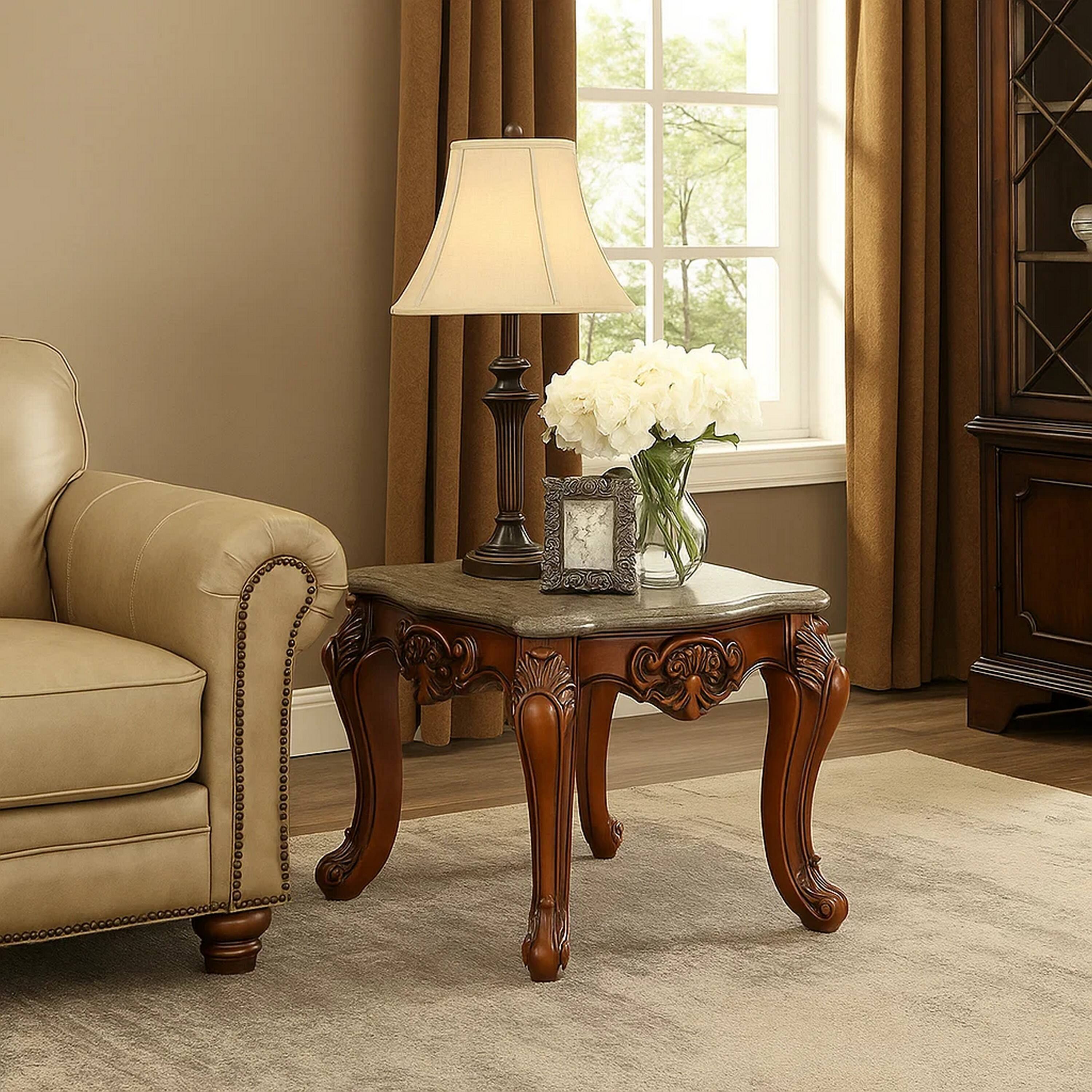 Alt View 5. Manhattan Lane - 30 Inch Classic Square Marble Top End Table, Cabriole Legs - Gray and Brown.