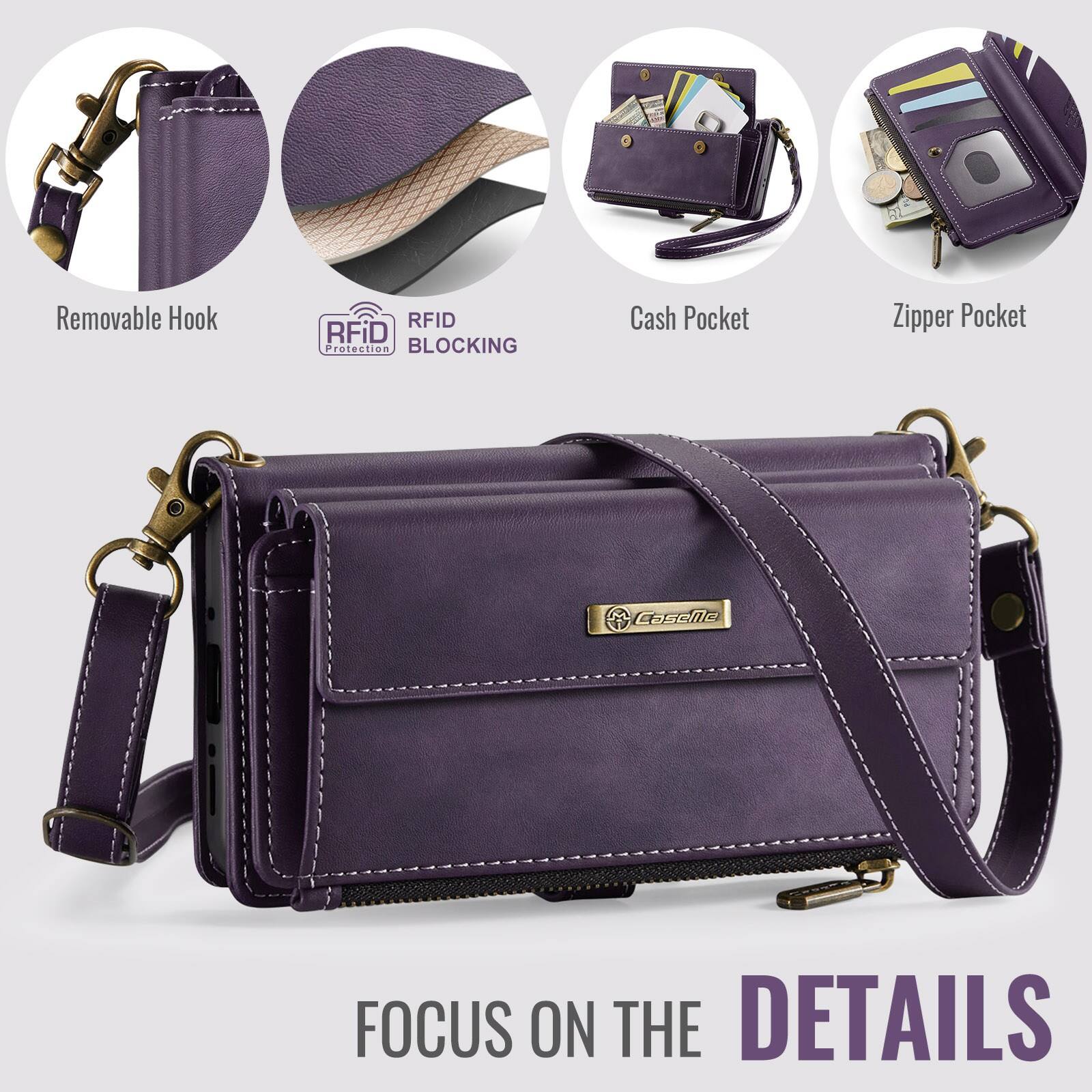 Removable Hook RFID Protection BLOCKING Cash Pocket Zipper Pocket Casele FOCUS ON THE DETAILS