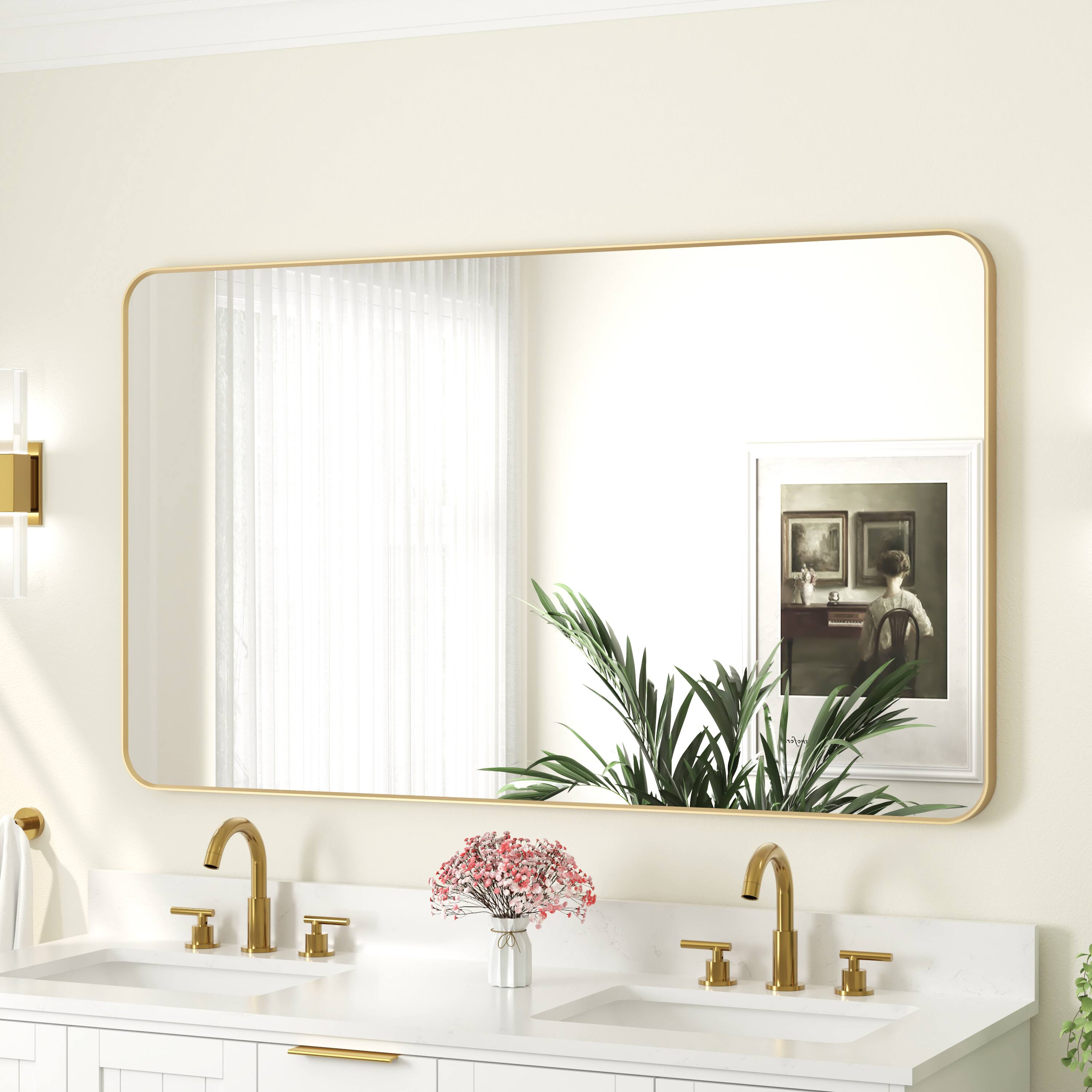 Angle. WELLFOR - 55 in. W x 32 in. H Rectangular Aluminum Framed Wall Bathroom Vanity Mirro - Brushed Gold.