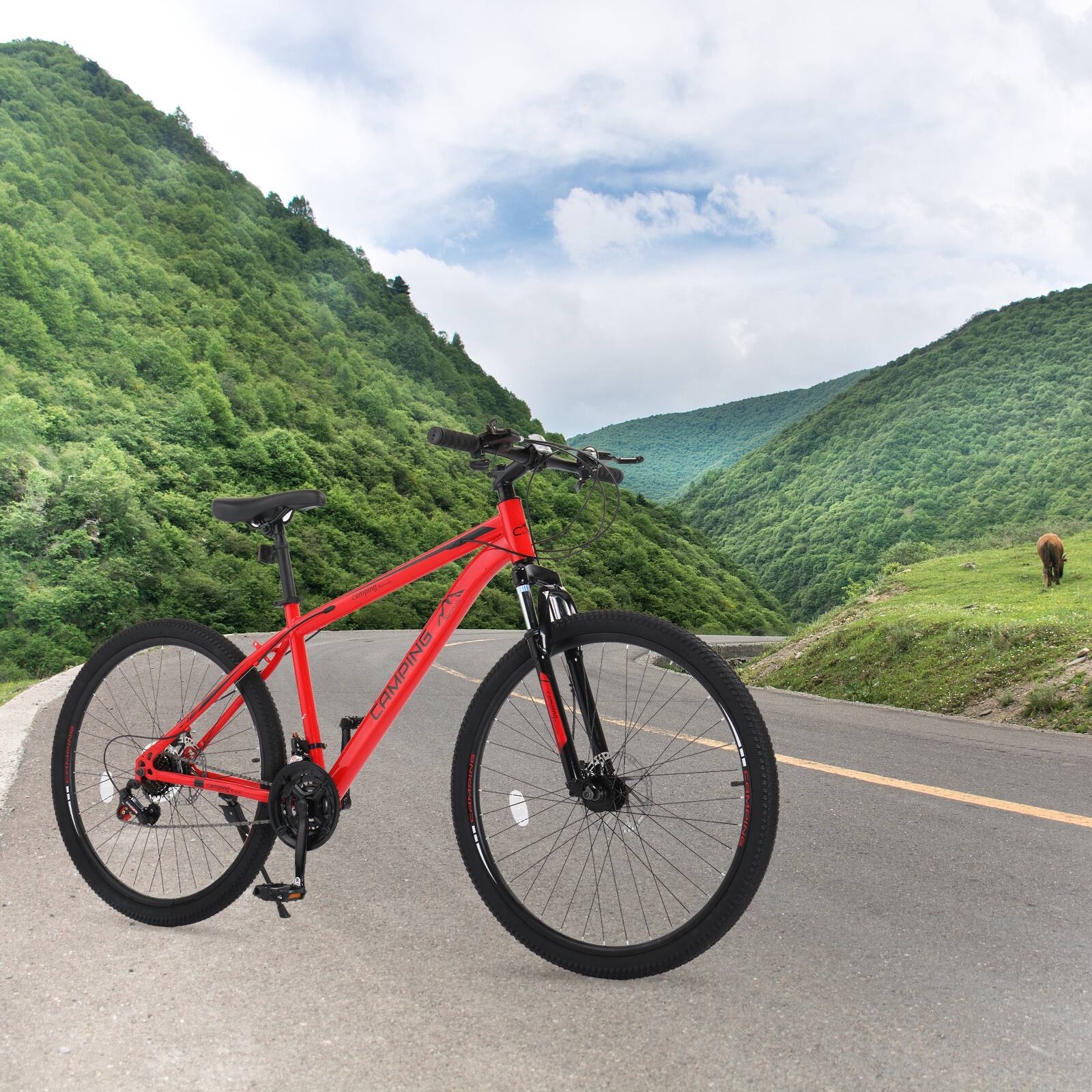 Angle. Winado - 27.5" Mountain Bike 21 Speed Bikes for Adults, Men & Women Mountain Bike with High Carbon Steel Frame, All-Terrain Tires - Red.