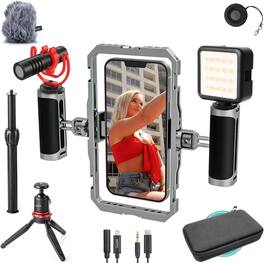 MOVO - iFilmer-PRO Smartphone Video Rig Kit with Dual Grip Stabilizer Cage and Shotgun Microphone for iPhone and Android - Black
