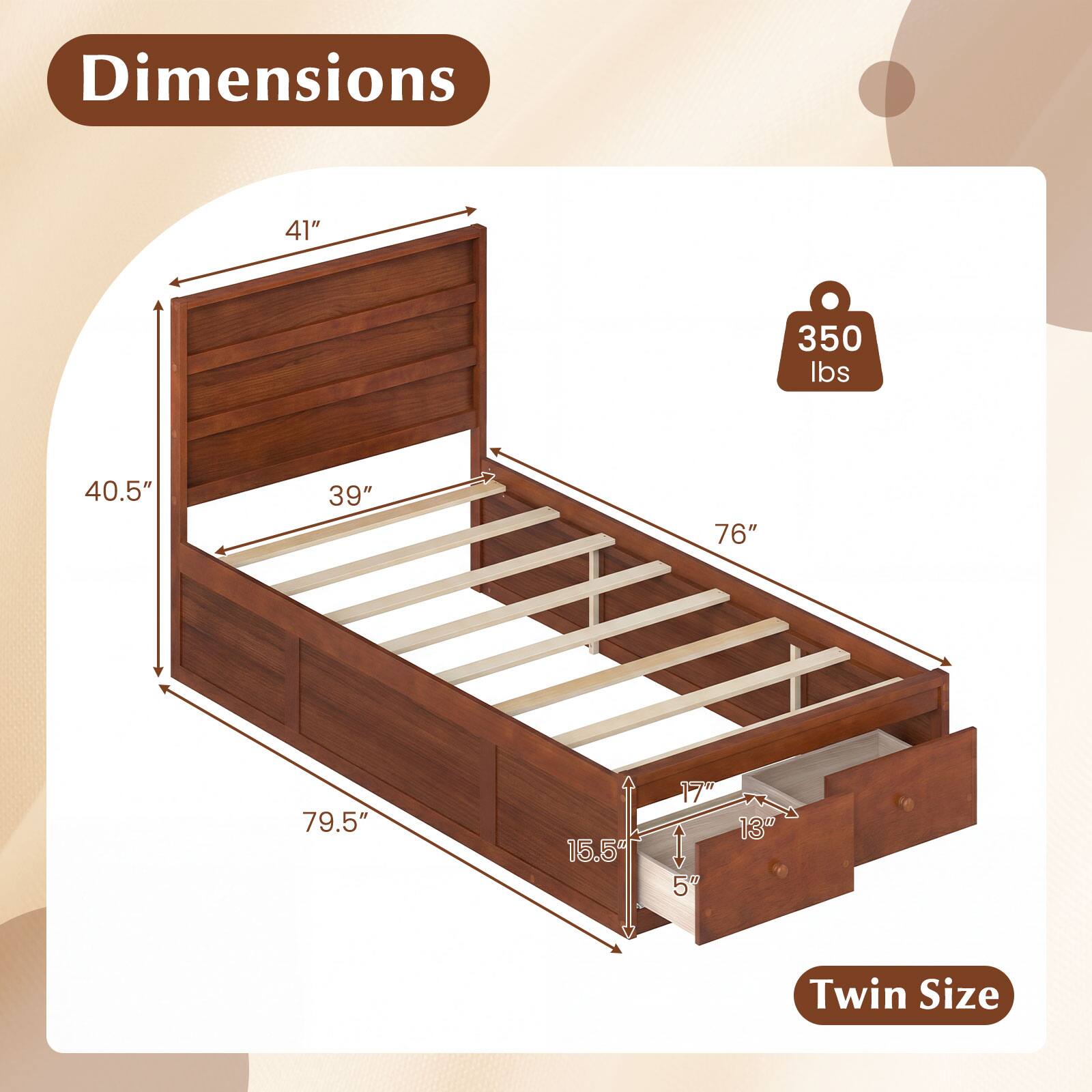 Dimensions: 41" x 350 lbs x 40.5" x 39" x 76" x 79.5" x 15.5" x 17" x 5" x 13" Twin Size