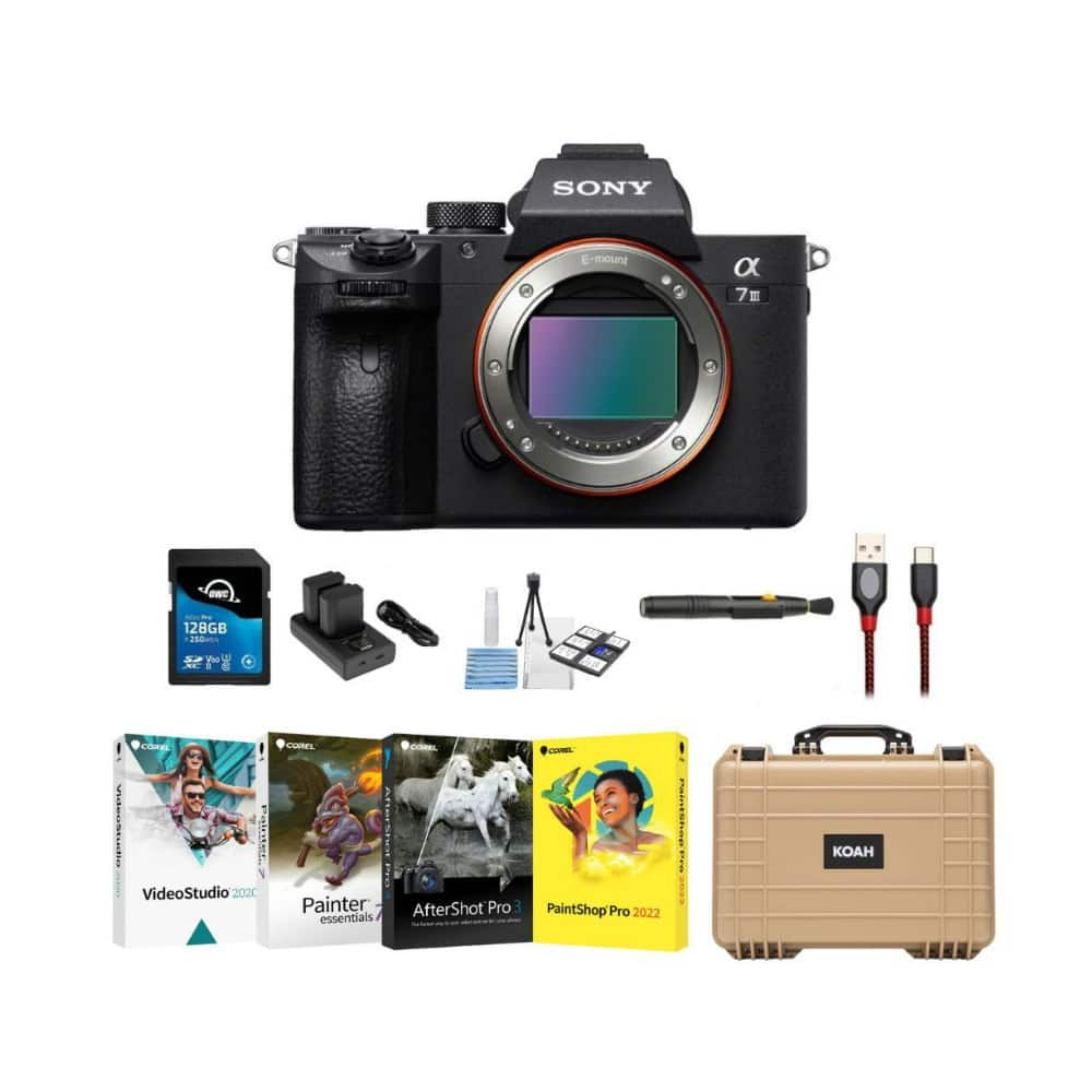 The image features a Sony camera and its accessories, including a case, cords, and a charger. The camera is placed next to a suitcase, which contains a book, a charger, and a case. The accessories are laid out on the table, and the camera is positioned in the center of the scene. The image showcases the various items that come with the Sony camera, making it a comprehensive display of the equipment.