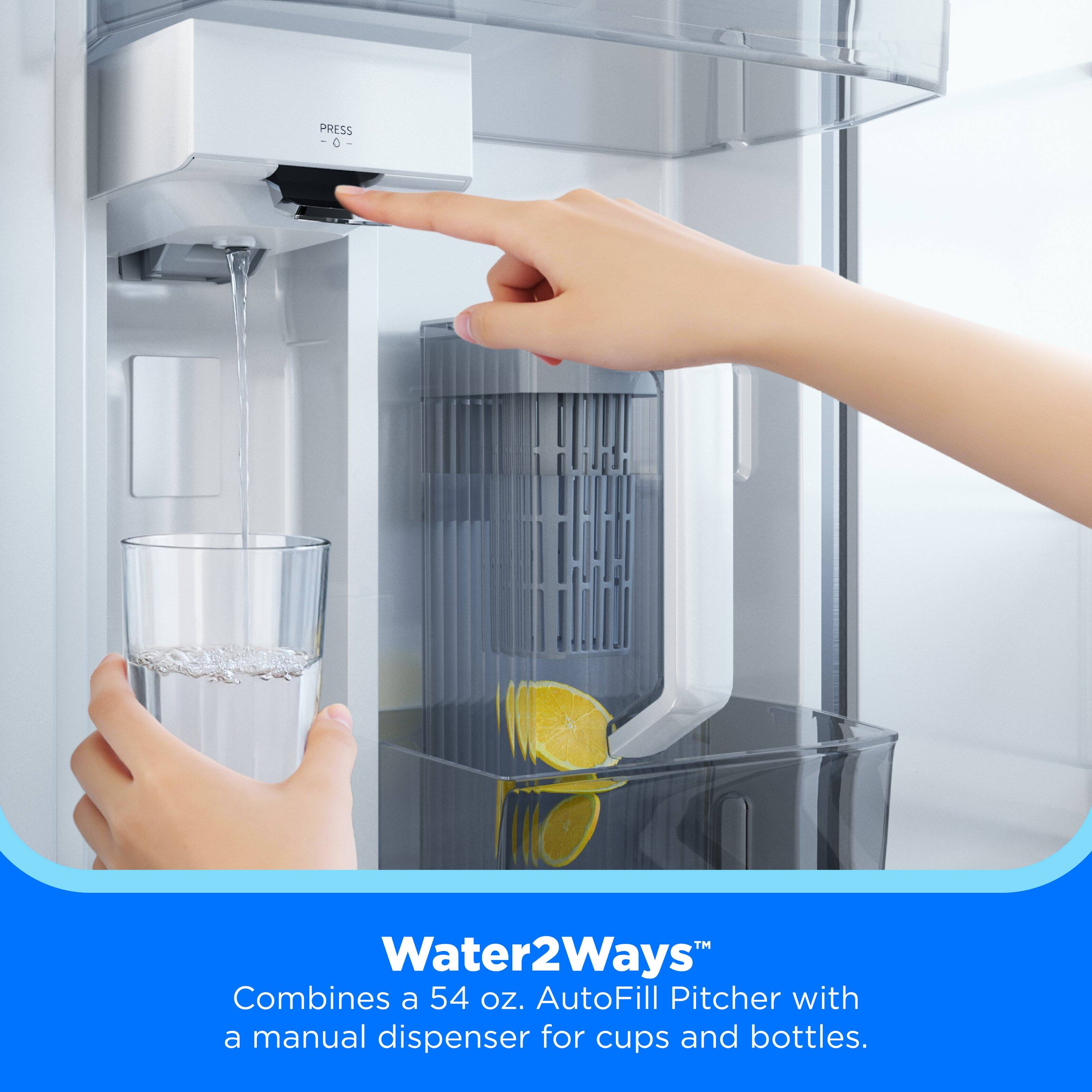 PRESS 0 Water2Ways Combines a 54 oz. AutoFill Pitcher with a manual dispenser for cups and bottles.