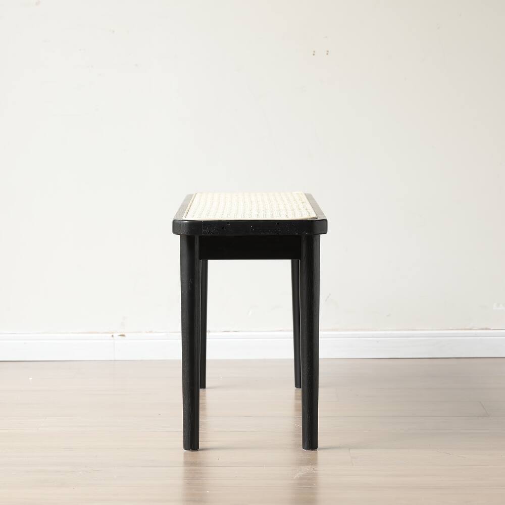 Back. Ropilly - Ropilly Modern Black Rattan Bench Solid Oak Wood Dining Entryway Seating End of Bed Bedroom Furniture - Black.