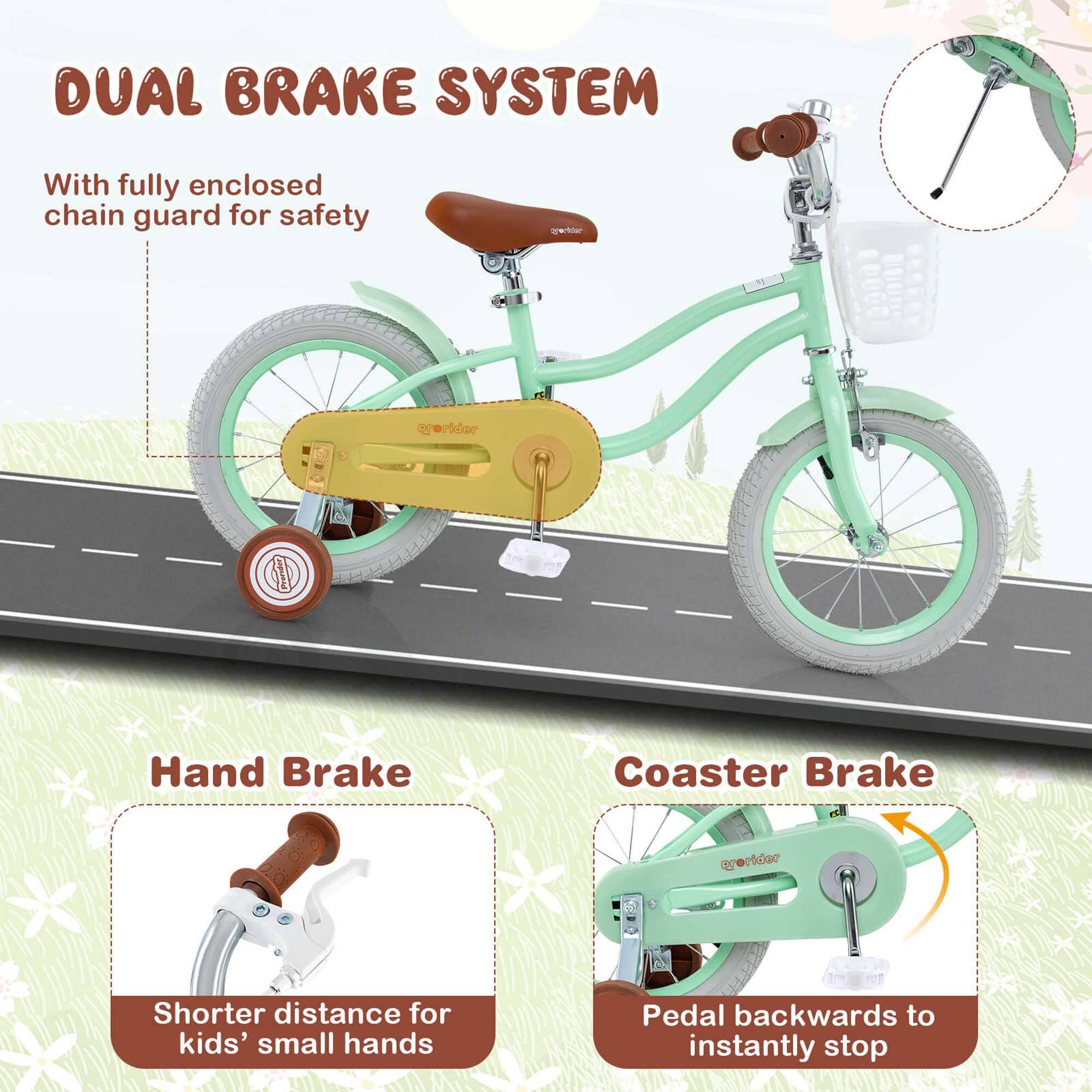 DUAL BRAKE SYSTEM

With fully enclosed chain guard for safety

Hand Brake
Shorter distance for kids' small hands

Coaster Brake
Pedal backwards to instantly stop