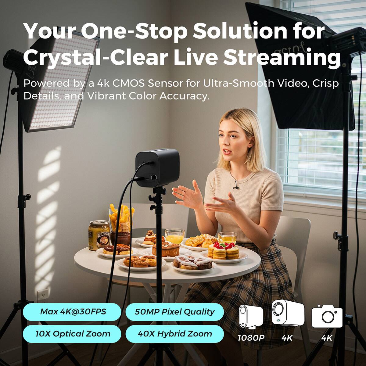 Your One-Stop Solution for Crystal-Clear Live Streaming

Powered by a 4k CMOS Sensor for Ultra-Smooth Video, Crisp Details, and Vibrant Color Accuracy.

Max 4K@30FPS
50MP Pixel Quality
10X Optical Zoom
40X Hybrid Zoom
1080P
4K